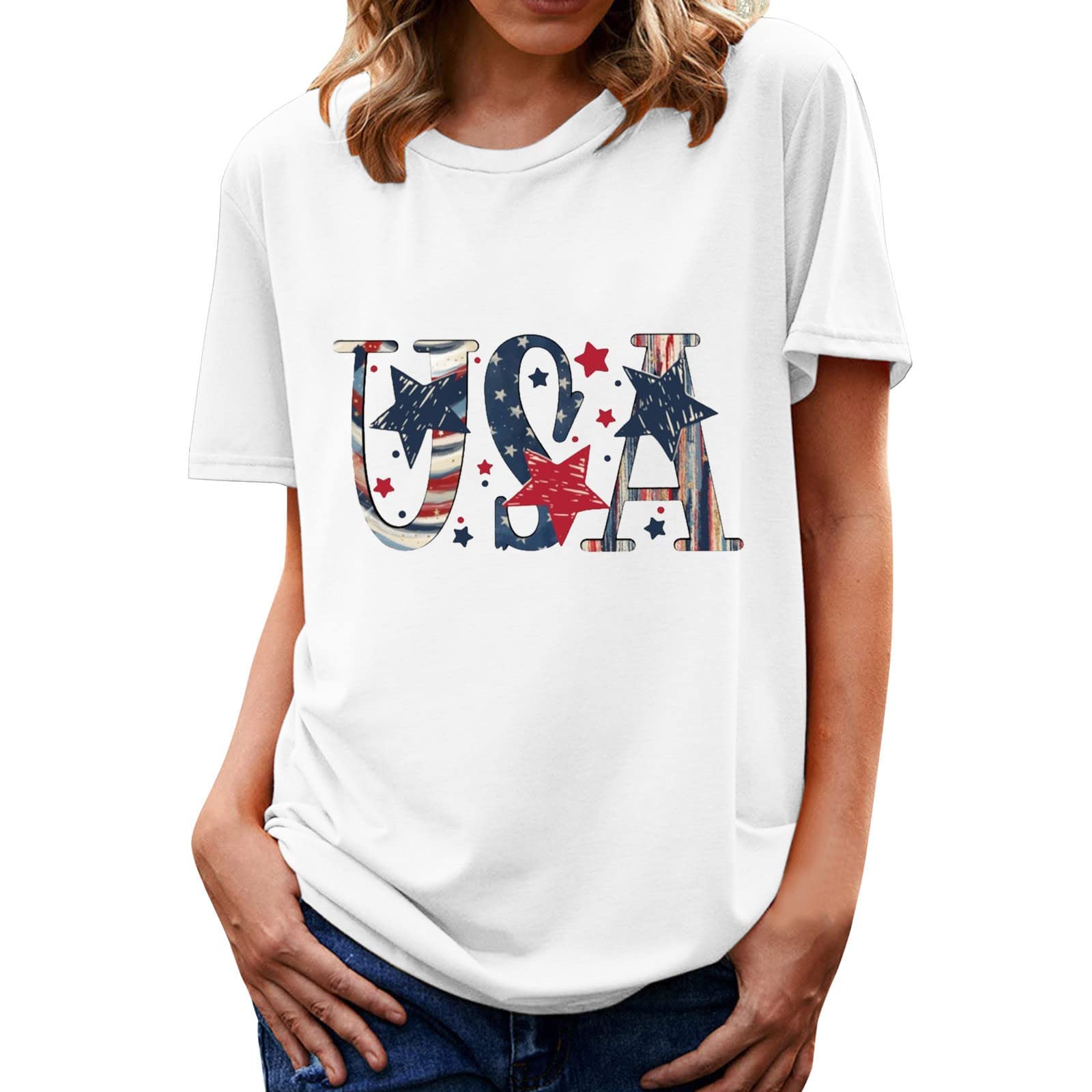 Women's Patriotic USA Letter Printed Casual Summer T-Shirts - Short Sleeve Boatneck Soft Blouse for Everyday Wear, Weekend Outings & 4th of July Celebrations