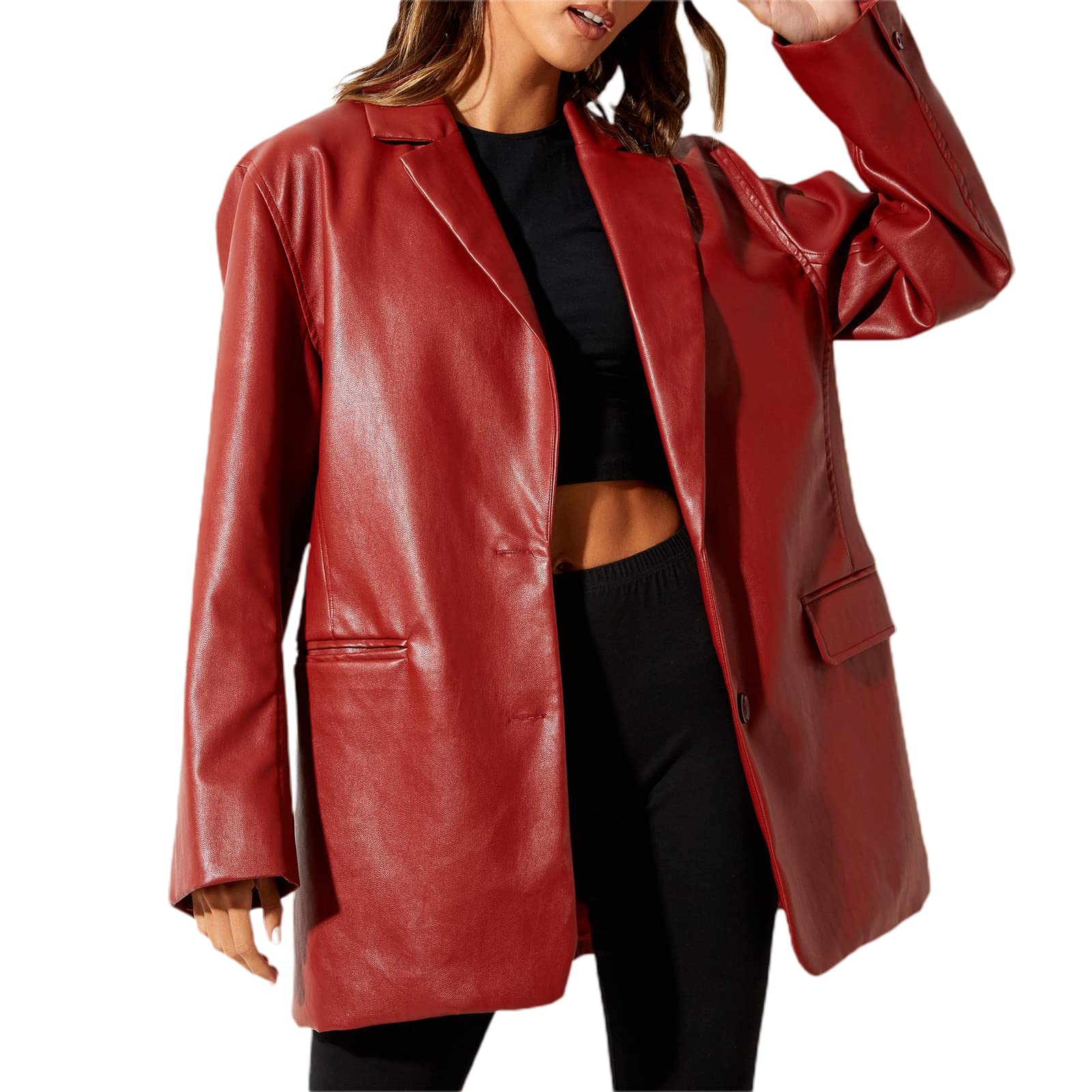 Women's Faux Leather Blazer Jacket - Long Sleeve Button Down Oversized Vintage Lapel Coat for Streetwear, Office & Night Out Fashion