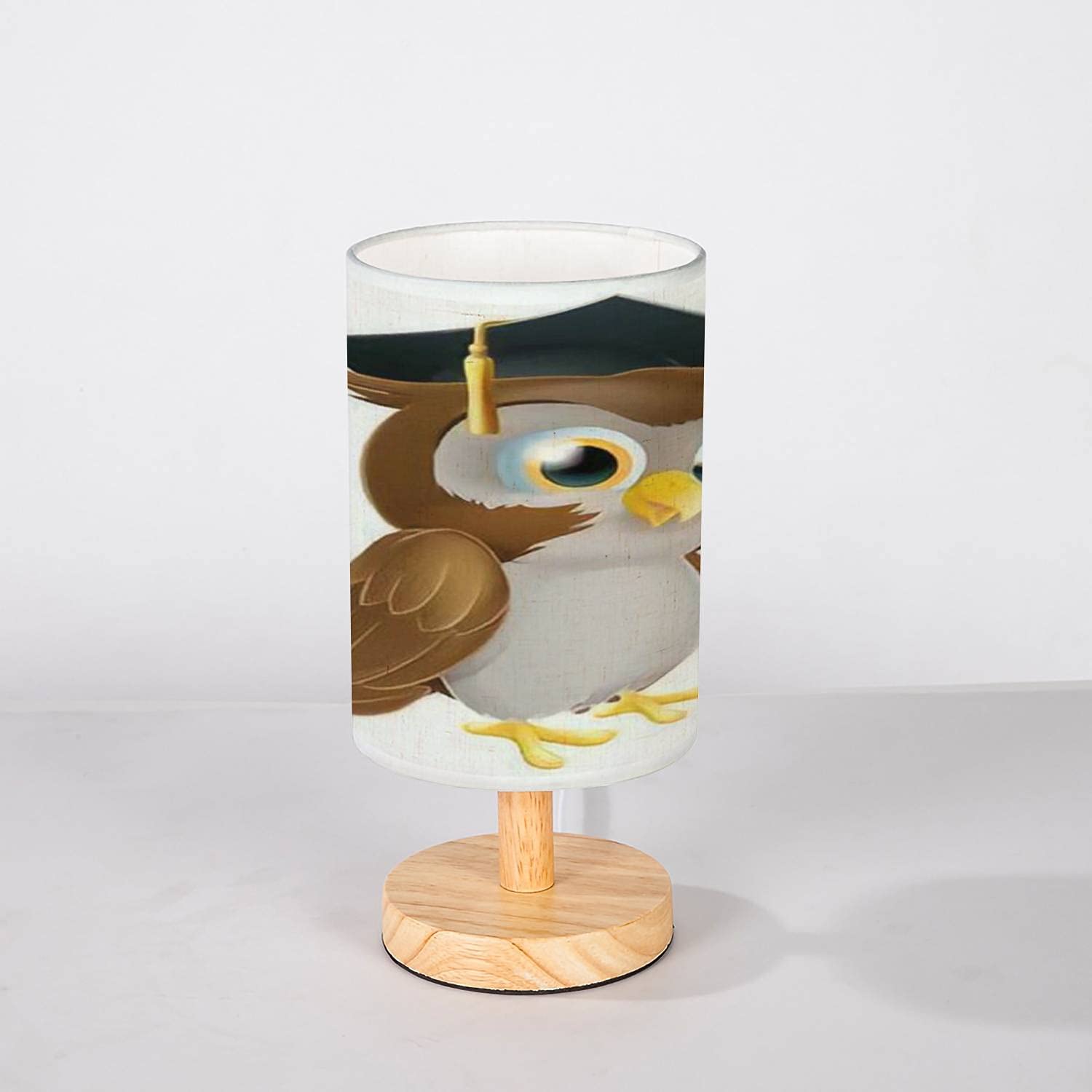 Minimalist Owl Nightstand Lamp - Solid Wood Base with Flaxen Fabric Shade, Cute Cartoon Graduation Owl Design - Perfect for Bedroom, Living Room, Nursery & Study Desk Lighting