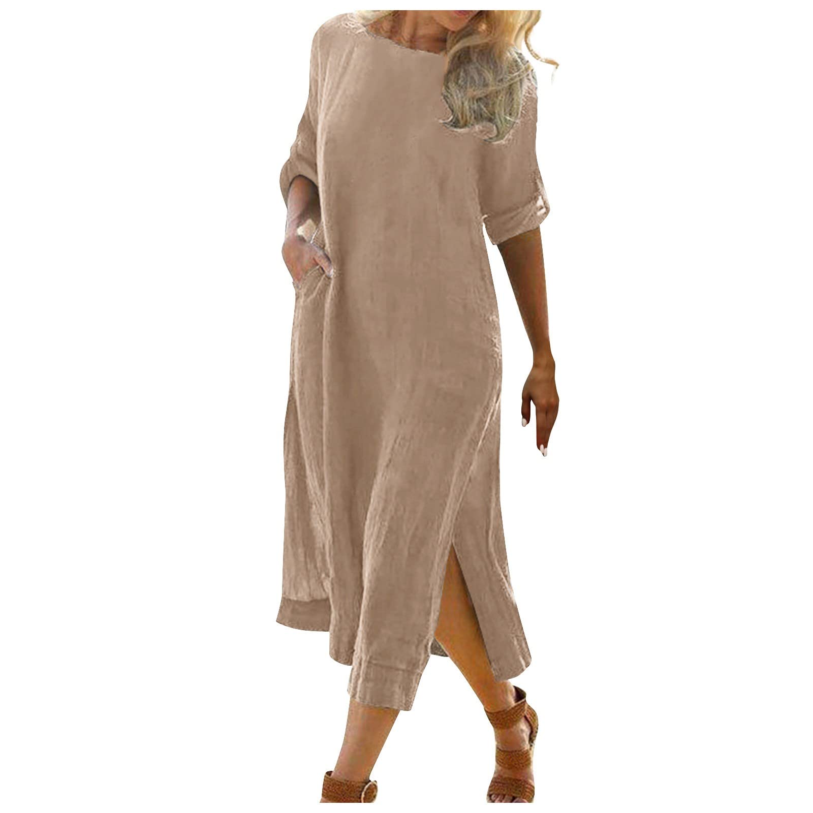 UODSVP Women's Casual Shirt Dress - Solid Color Loose Fit Half Sleeve Pocket O-Neck Tunic - Perfect for Work, Weekend Outings & Summer Vacation