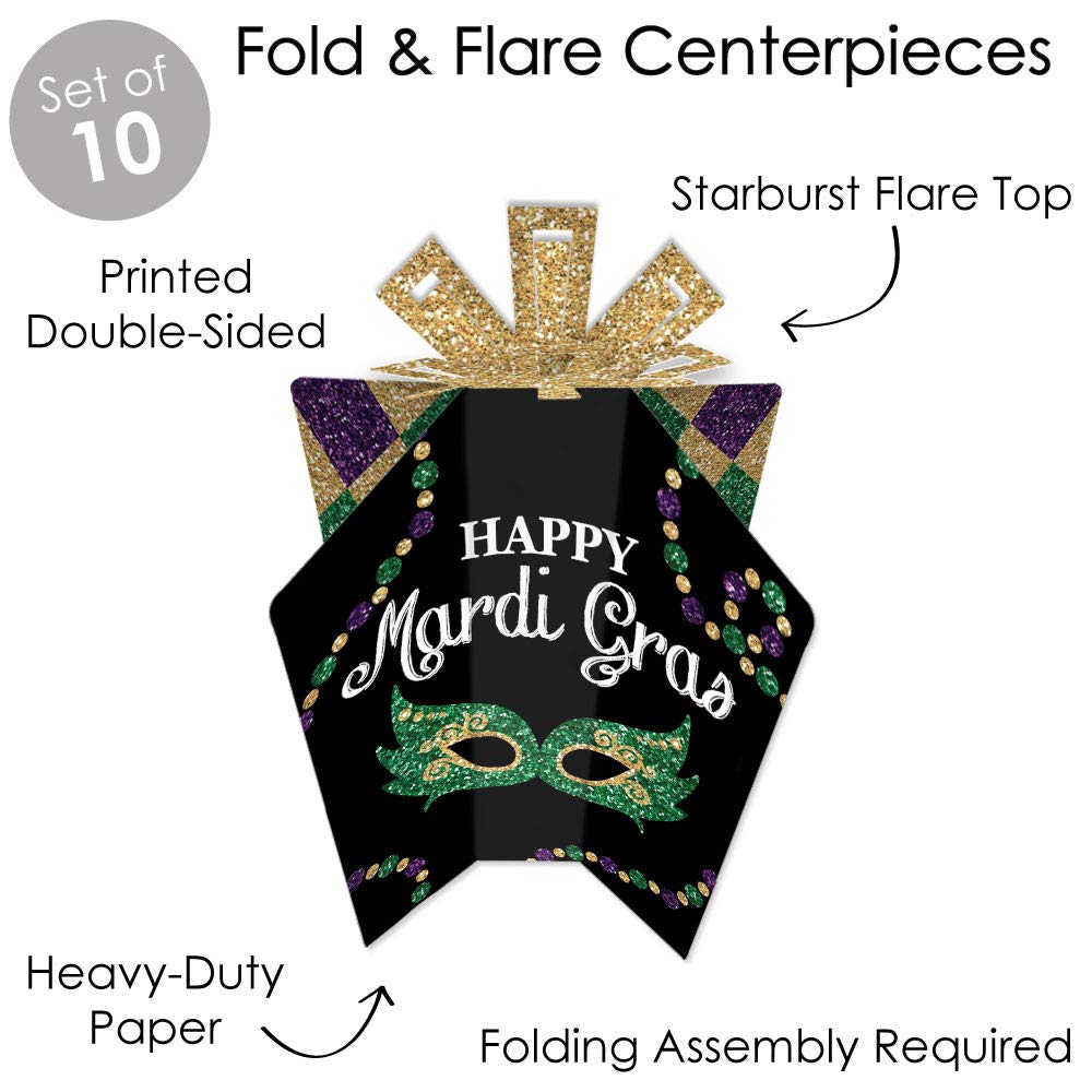 Big Dot of Happiness Mardi Gras Table Decorations - 10 Pack Fold & Flare Masquerade Party Centerpieces for Mardi Gras, Carnival, Wedding, and Birthday Celebrations