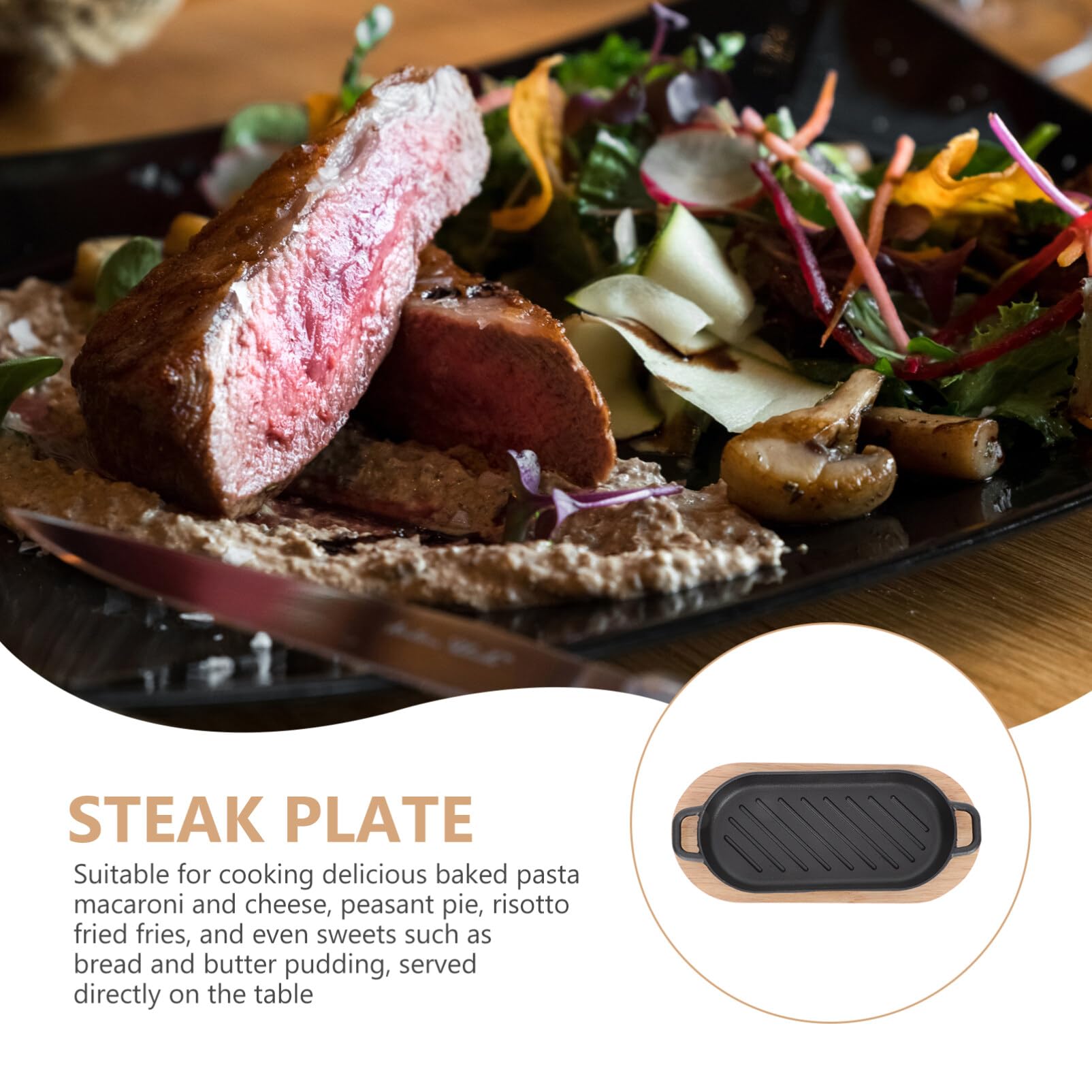 Pre-Seasoned Cast Iron Sizzling Plate with Wooden Base - Steak Platter, Fajita Pan & Japanese Teppanyaki Grill for Restaurants, Home Dining & Outdoor BBQ