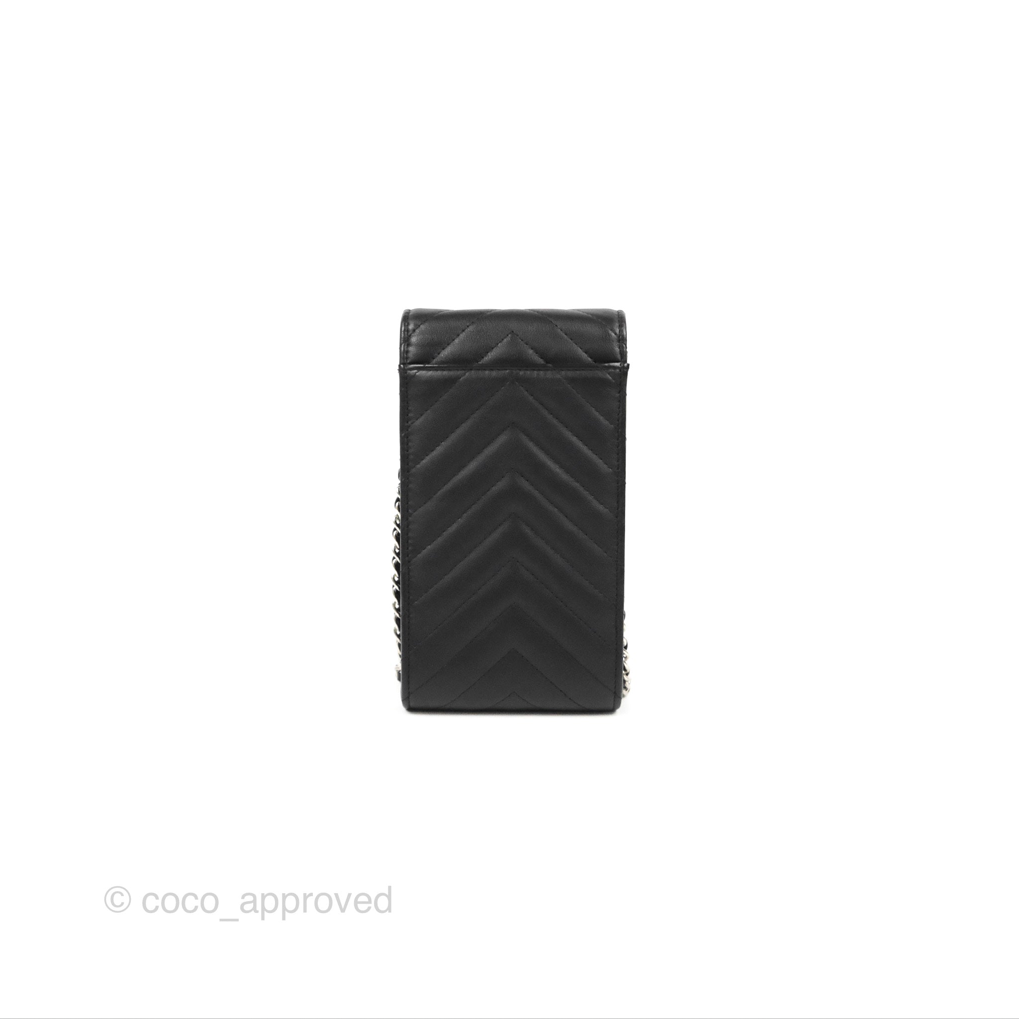 Chanel Classic Chevron Phone Holder - Black Calfskin with Silver Hardware | Luxury Phone Accessory for iPhone & Samsung | Perfect for Office, Travel & Daily Use