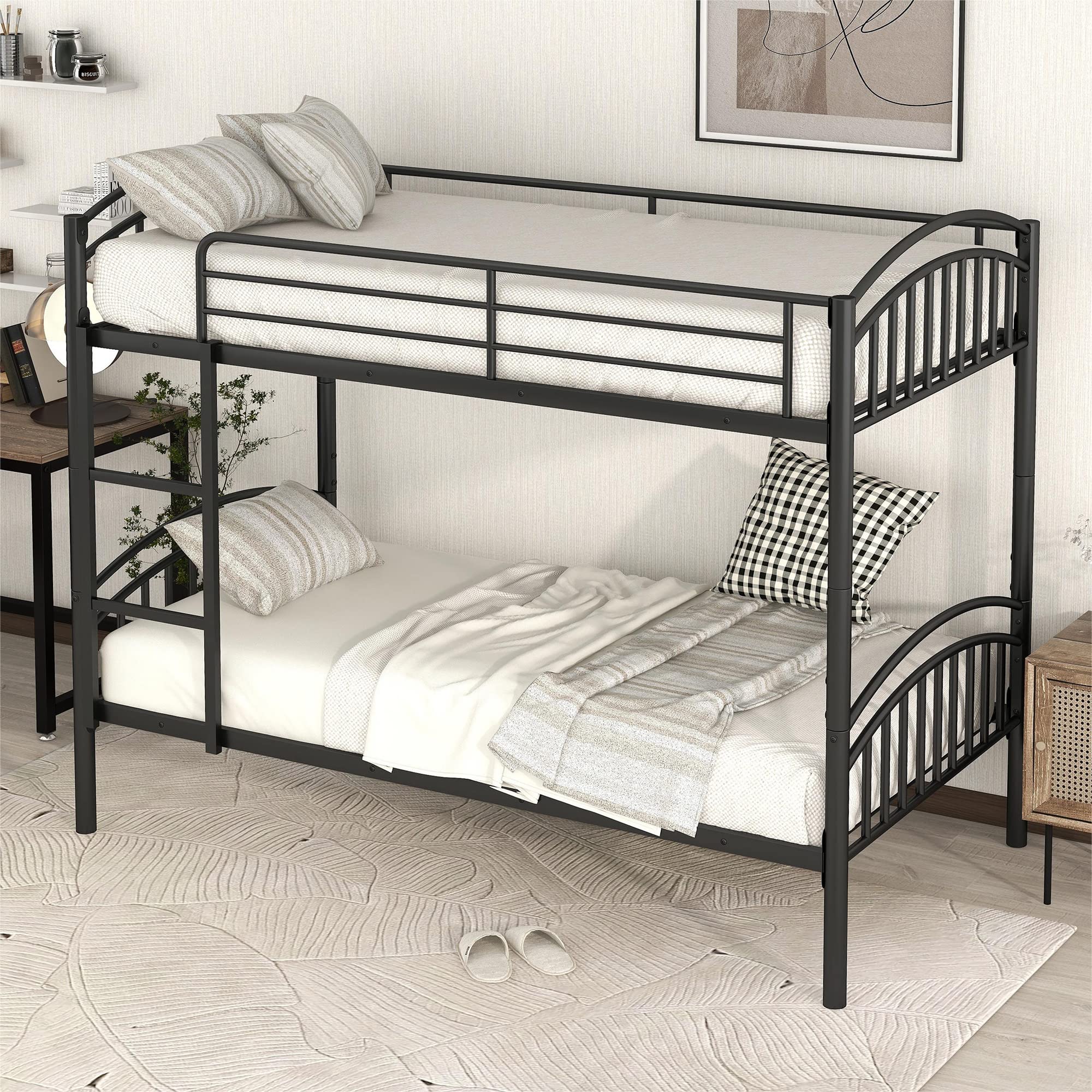 Polibi Twin-Over-Twin Metal Bunk Bed - Heavy Duty Steel Frame with Safety Guardrails & Ladder - Converts to 2 Separate Twin Beds (Black) - Perfect for Kids Rooms, Dormitories & Space-Saving Bedroom Solutions