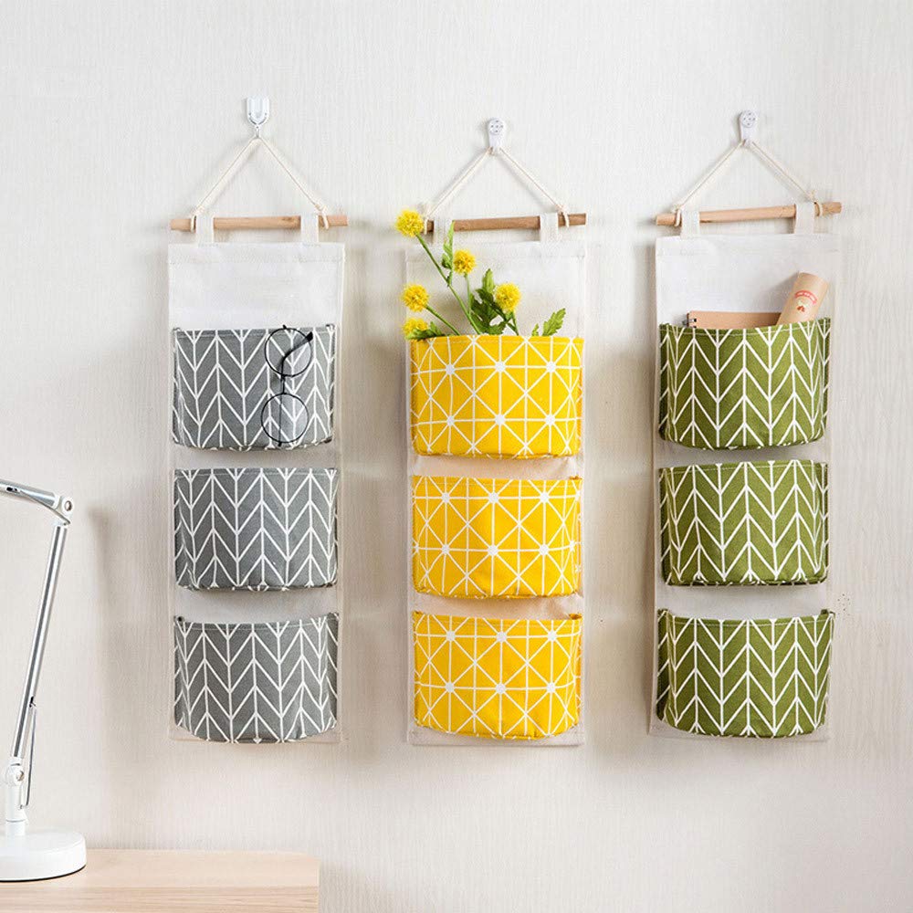 Wall Mounted 3-Pocket Hanging Storage Organizer Bag - Fabric Over The Door & Closet Storage Solution for Nursery, Bedroom & Bathroom Organization
