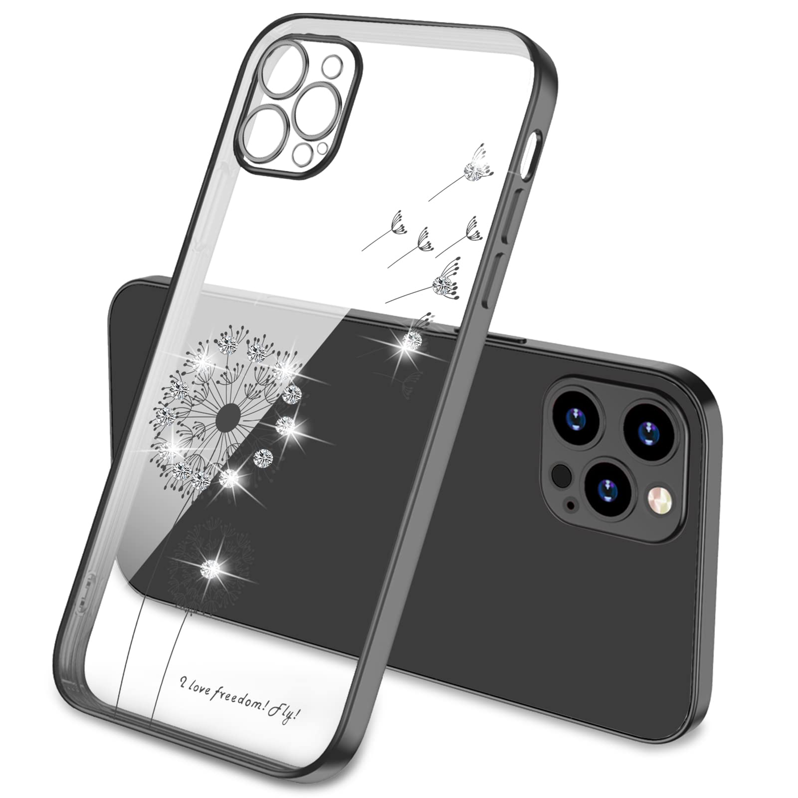 Crystal Clear Shockproof iPhone 14 Pro Max Case - Slim Silicone Bumper Cover with Diamond Flowers Design | Protective Transparent Phone Case for Women | Perfect for Everyday Use, Work & Travel