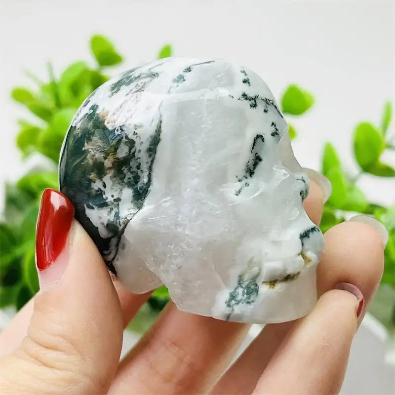 4.9CM Natural Moss Agate Skull Carving Sculpture - Healing Crystal Gemstone for Home Decor, Meditation & Spiritual Healing - Unique Handcrafted Ornament for Office Desk, Altar Display or Gift Giving