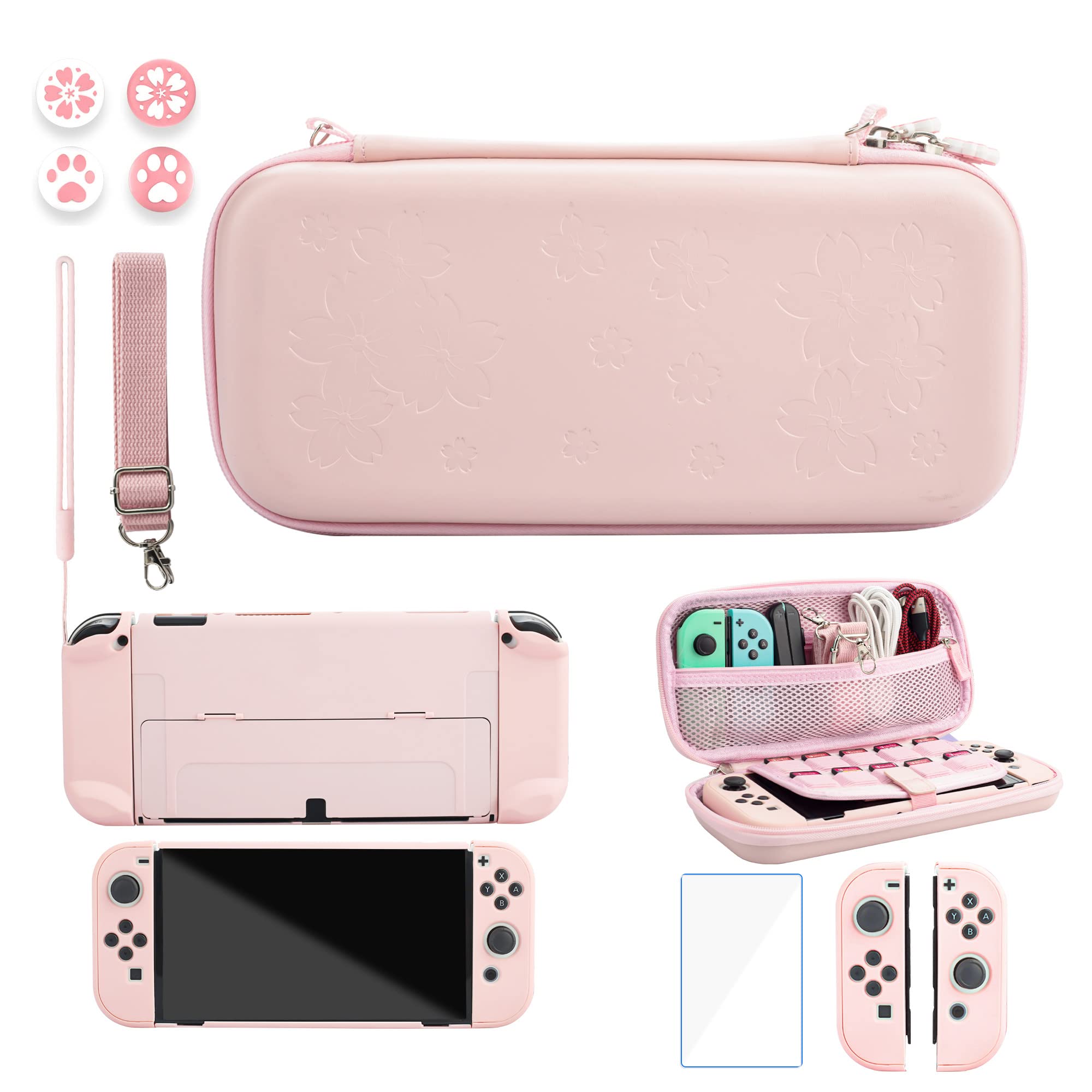 9-in-1 Nintendo Switch OLED Carrying Case Set - Cute Pink Travel Case with Hard PC Cover, Tempered Glass Screen Protector, Thumb Grips, Wrist Bands & Shoulder Strap | Perfect for Girls Gaming On-The-Go, Travel Protection & Console Storage