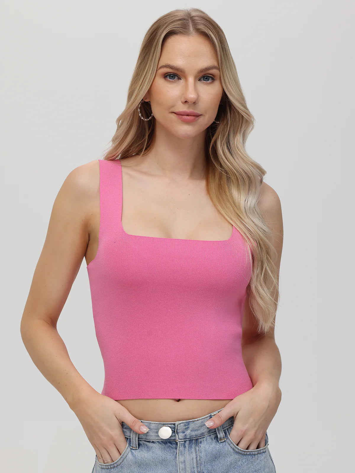 Eva Square Neck Tank Top for Women - Stretchy Comfort Fit Sleeveless Shirt in Shocking Pink | Casual Wear, Summer Outfits, Gym & Yoga