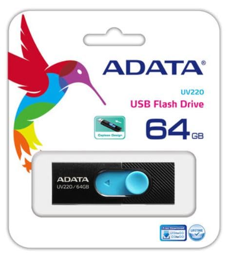 ADATA UV220 64GB USB 2.0 Flash Drive - High Speed Portable Thumb Drive for PC, Laptop, Mac - Waterproof & Shockproof Memory Stick for Office, School, Travel Data Storage (Black/Blue)