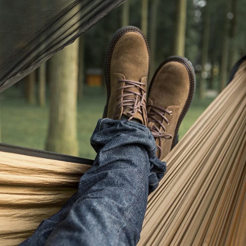 Premium Camping Hammock with Mosquito Net & Tree Straps - 280x140cm Portable Travel Hammock with Heavy-Duty D Carabiners - Lightweight for Backpacking, Beach, Backyard & Outdoor Adventures (Brown) - Perfect for Relaxing, Hiking & Camping Trips