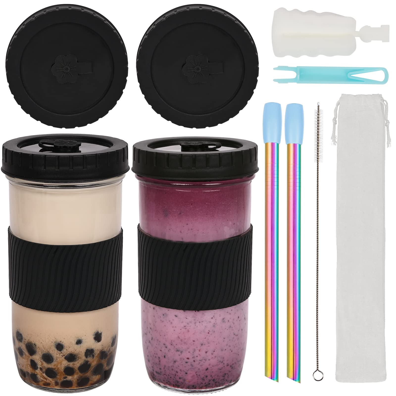 2 Pack 24oz Reusable Glass Boba Tea Cups with Lids & Straws - Mason Jar Style Iced Coffee & Smoothie Cups with Silicone Sleeve - Perfect for Bubble Tea, Cold Brew, Juicing at Home or Office
