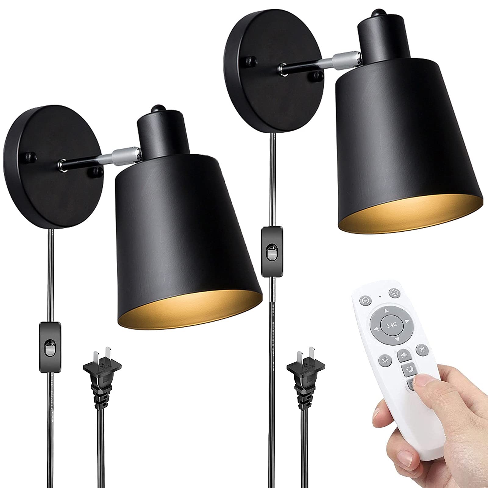 Adjustable Wall Sconce Plug-in Light - 10W 800LM Remote Control Wall Fixture with 6ft Cord - Set of 2 for Restaurant, Bedroom, Corridor & Nightstand Lighting | Perfect for Ambient Dining, Cozy Bedroom Accent & Hallway Illumination