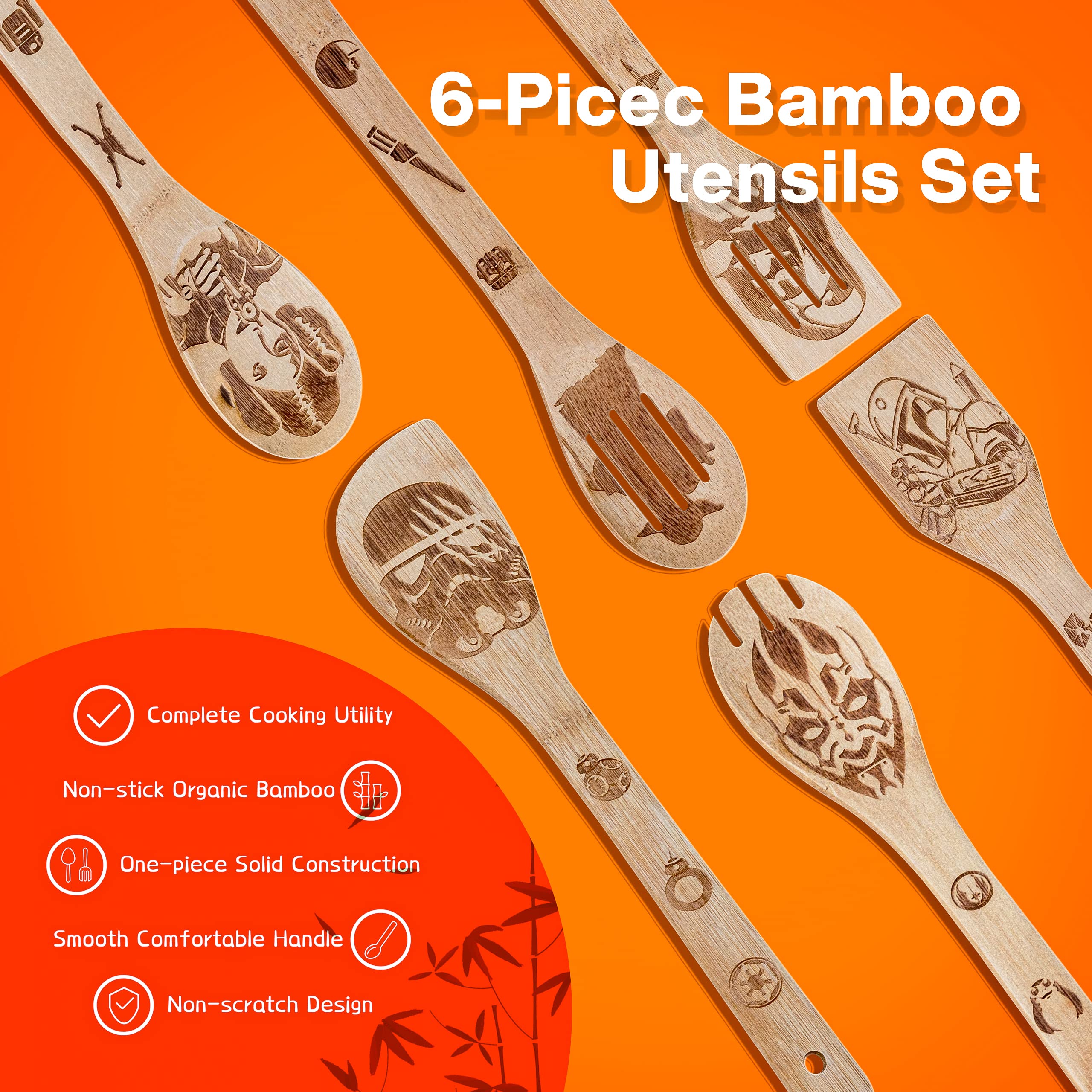 Star Wars Wooden Cooking Utensil Set - 6 Piece Kitchen Spoons & Spatula for Fans - Perfect Housewarming Gift for Men & Women - Ideal for Baking, Cooking, and Star Wars Themed Kitchens