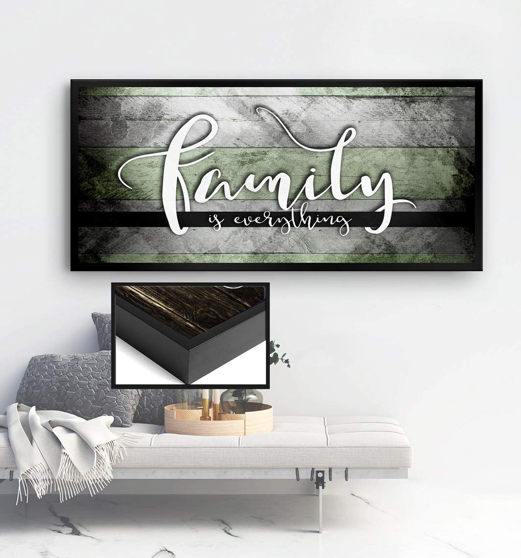 Family Is Everything Wall Art - Framed Canvas Painting for Living Room & Farmhouse Decor - Large 42x19 Inch Green & Black Floating Frame - Perfect for Home, Office, and Gift Giving