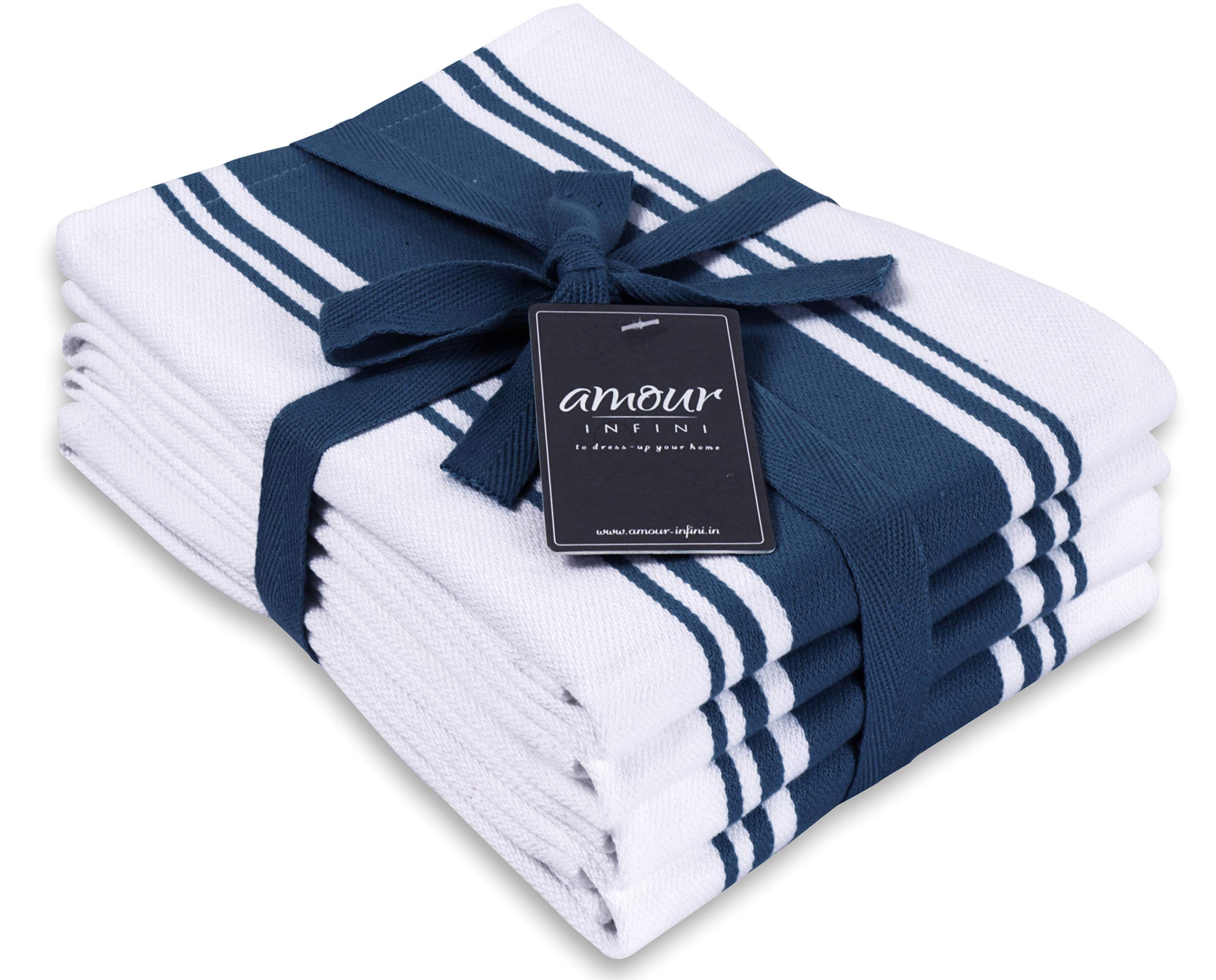 AMOUR INFINI Cotton Kitchen Towels Set of 4 - Ultra Soft & Highly Absorbent Dish Cloths (20x28 Inch) with Hanging Loop for Quick Drying | Perfect for Washing Dishes, Drying Hands & Kitchen Cleaning | Blue Tea Towels