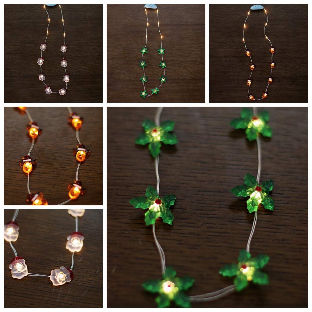 JASHIKA Christmas Party LED Necklace - Reindeer & Santa Clause Design with Green Leaves & Crystal String Lights - Perfect for Holiday Parties, Festive Decor & Gift Giving