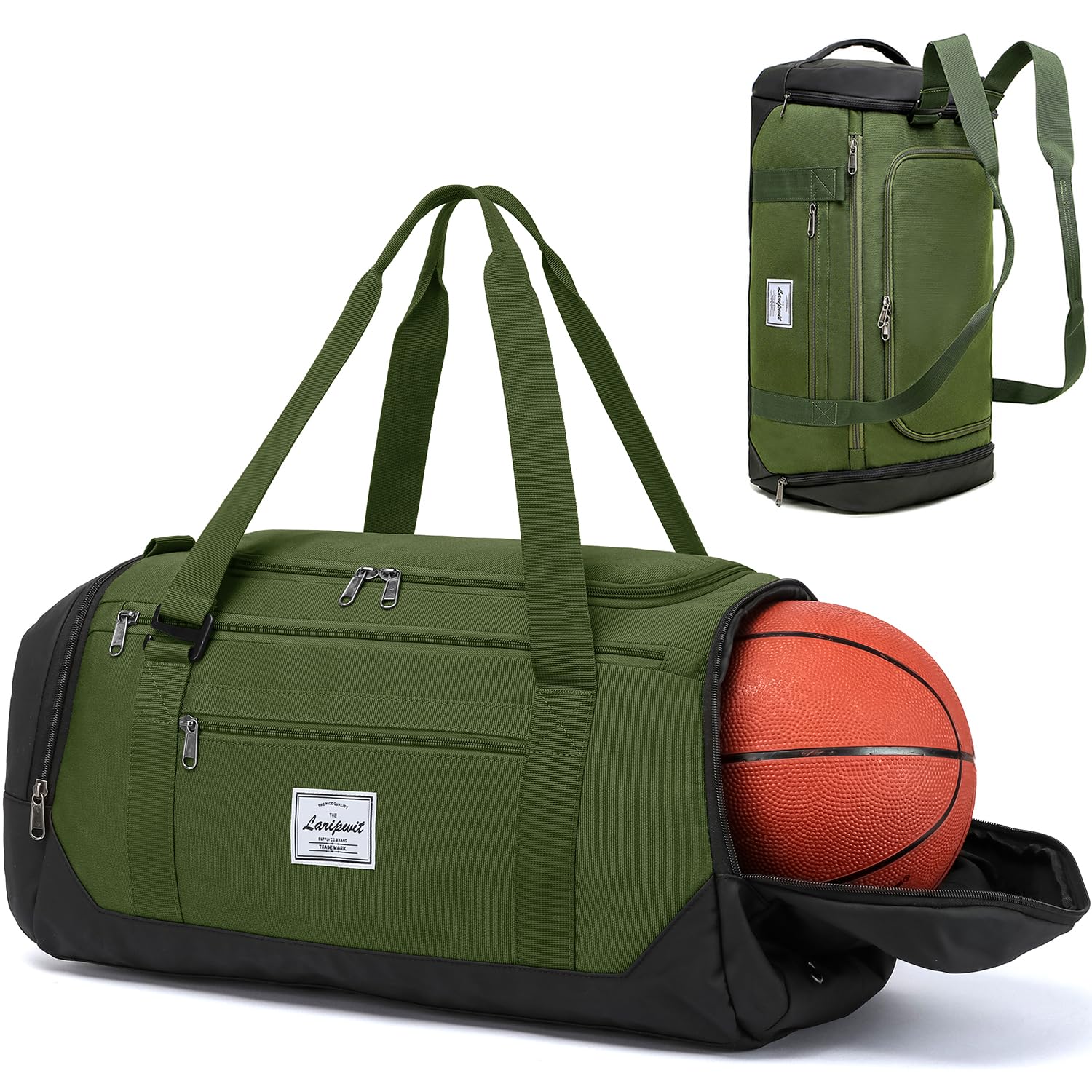 Laripwit 40L Gym Backpack for Men & Women - Sports Duffle Bag with Shoe Compartment & Wet Pocket - Basketball Travel Bag for Weekender, Overnight Trips, Workout & Gym Use - Green