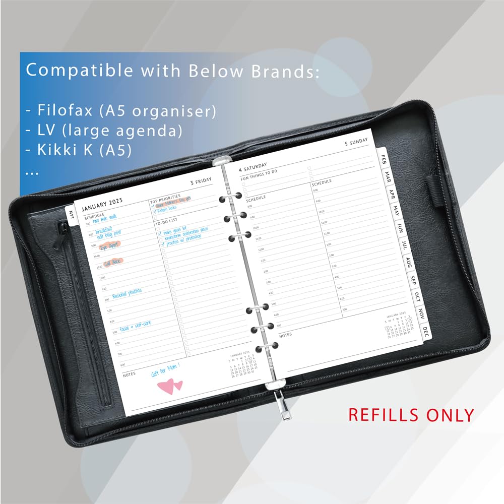 Newestor 2025 Daily Planner Refills A5 Size - Filofax Compatible Organizer with Day Appointment Schedule, To-Do List & Monthly Tabs | 6-Hole Punched for Personal & Office Productivity | Perfect for Business Professionals, Students & Home Organization