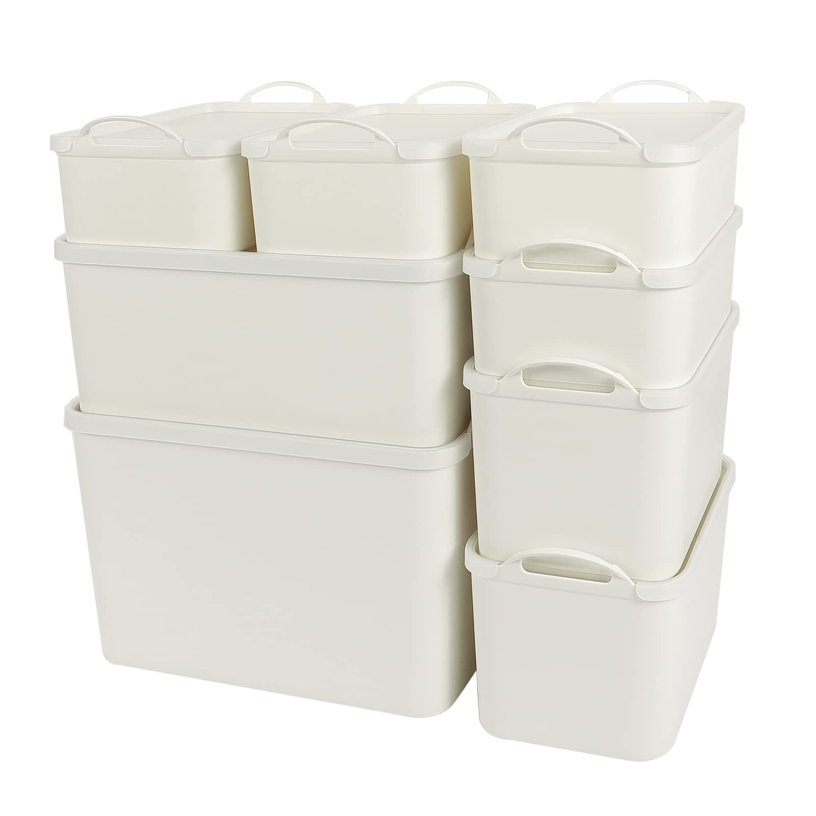 8-Piece All-in-One Plastic Storage Bins Set with Removable Lids - White Organizer Baskets for Kitchen, Pantry, Laundry & Closet - Stackable Drawer Containers with Handles for Food, Toys & Home Organization