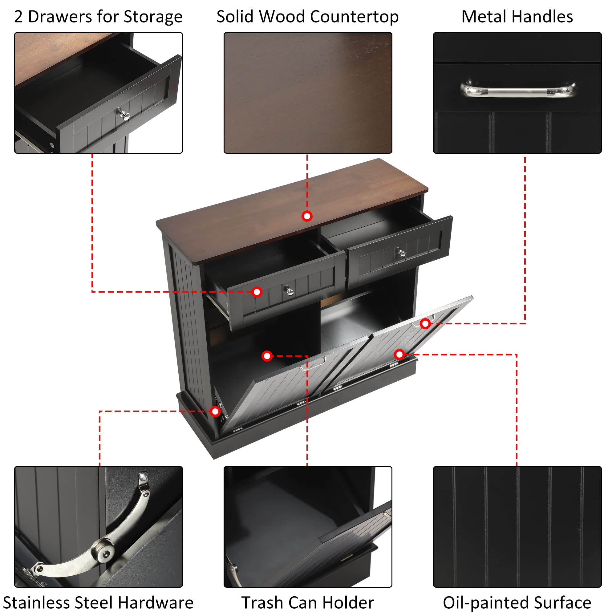 KIGOTY Double Tilt Out Trash Cabinet - Pet Proof Kitchen Trash Can with Countertop & Drawer Storage - Wooden Laundry Hamper Organizer for Kitchen, Bathroom, Laundry Room - Black (Perfect for Small Spaces & Pet Owners)