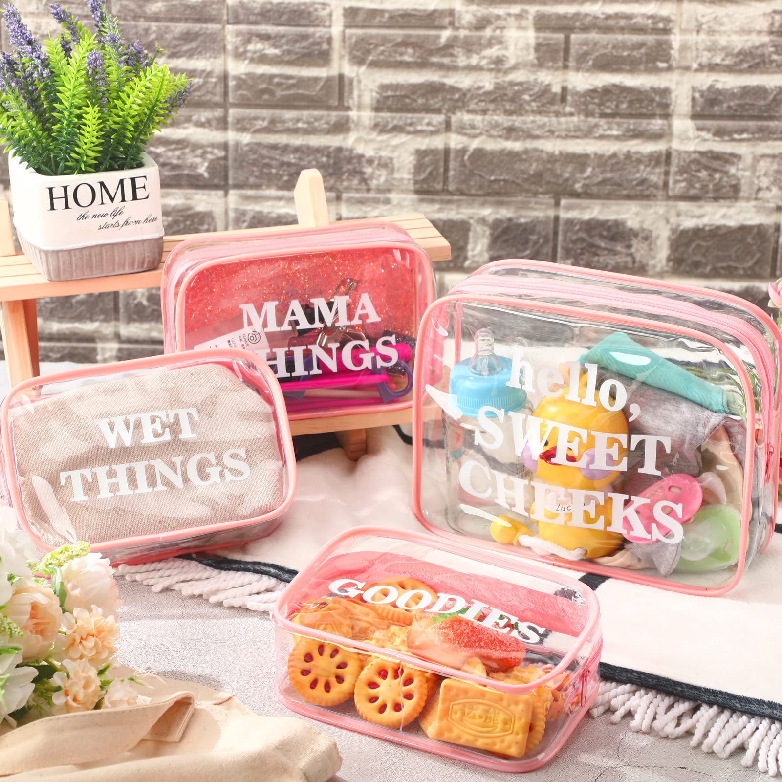 4 Pack Clear PVC Diaper Bag Organizer Pouches Set - Waterproof Zippered Travel & Makeup Storage Bags for Baby Essentials (Pink, White) - Perfect for Daycare, Travel & On-the-Go Parents