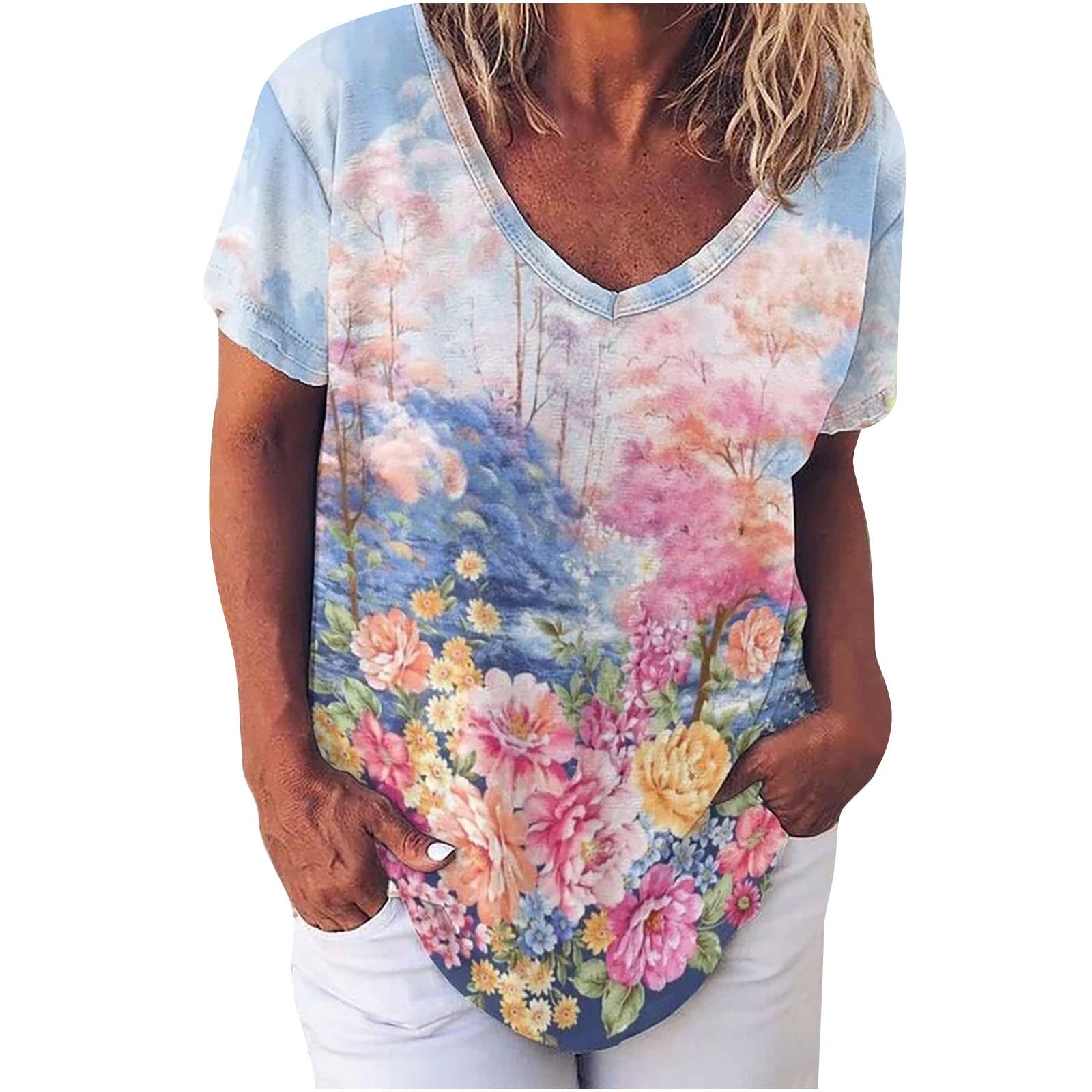 Women's Short Sleeve Casual Summer T-Shirt - Loose V-Neck Comfy Printed Tunic Top for Beach, Travel & Everyday Wear