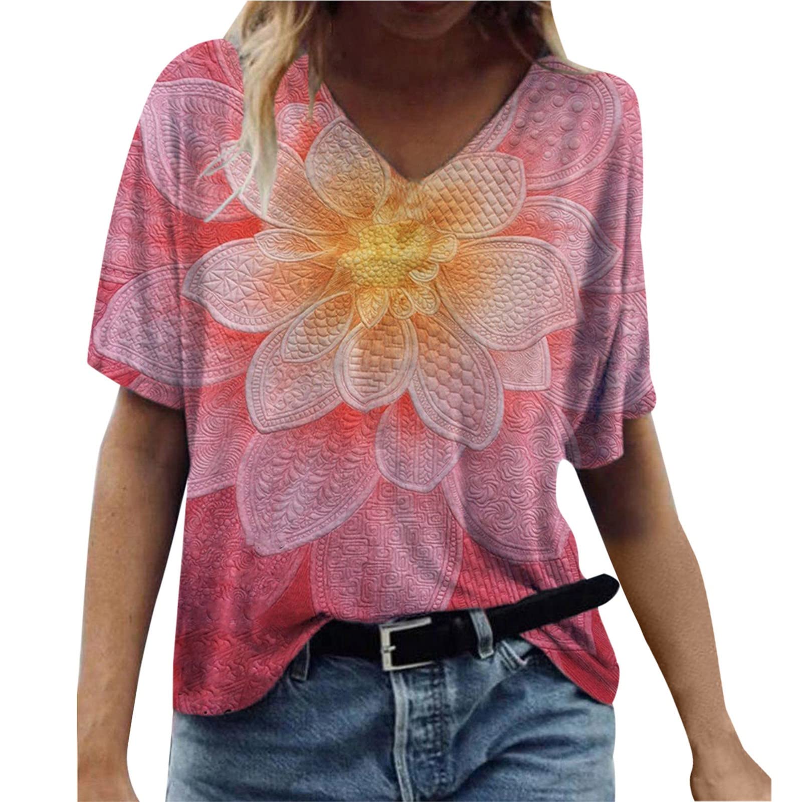 Women's Floral Tunic Tops - Short Sleeve V-Neck Flowery Blouse for Summer | Casual Loose Fit Tee Shirt for Beach, Vacation & Everyday Wear