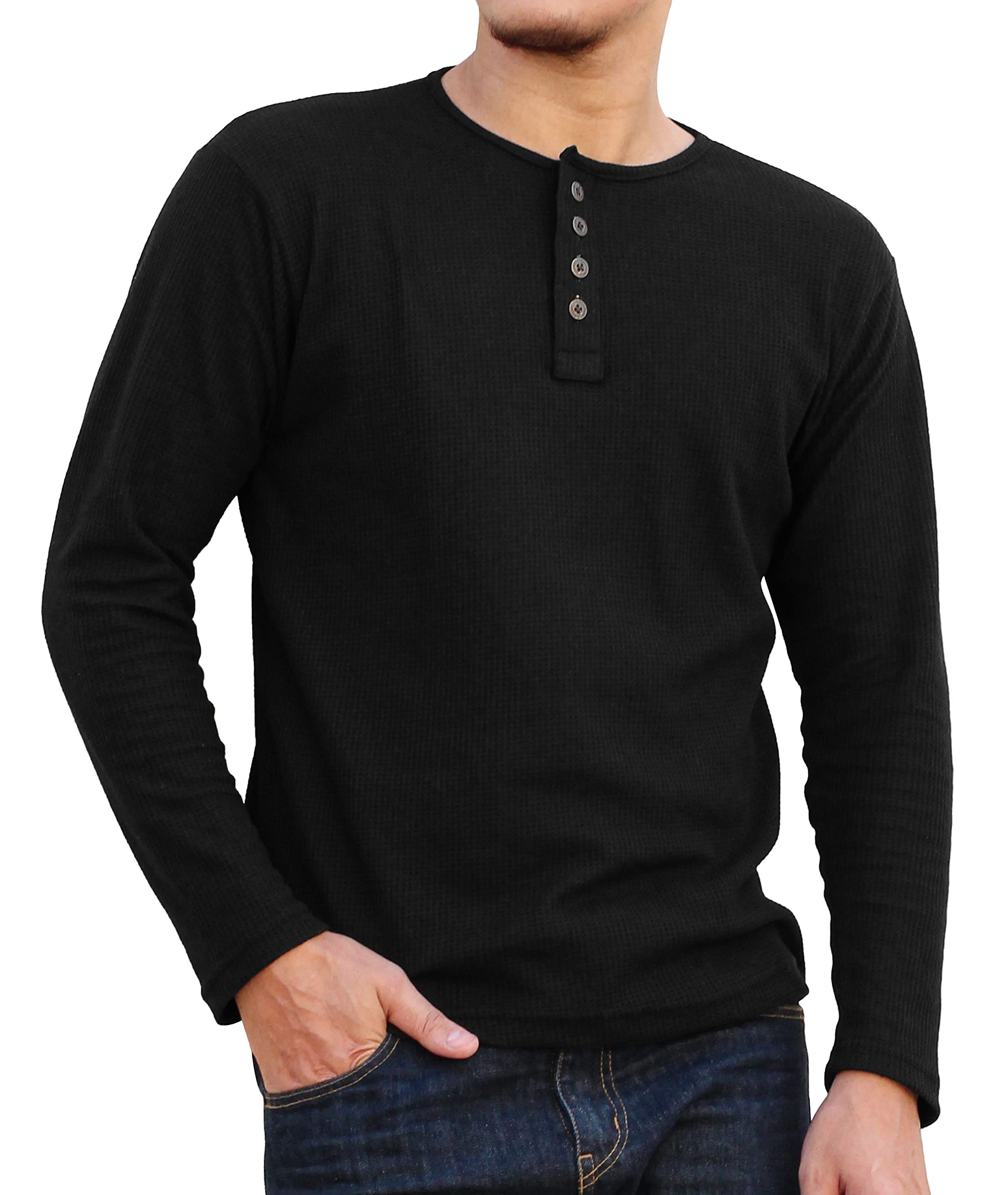 URBAN BUCK Men's Henley Long Sleeve Shirt - Lightweight Waffle Knit Cotton Button-Up Casual Tee for Everyday Wear & Outdoor Activities
