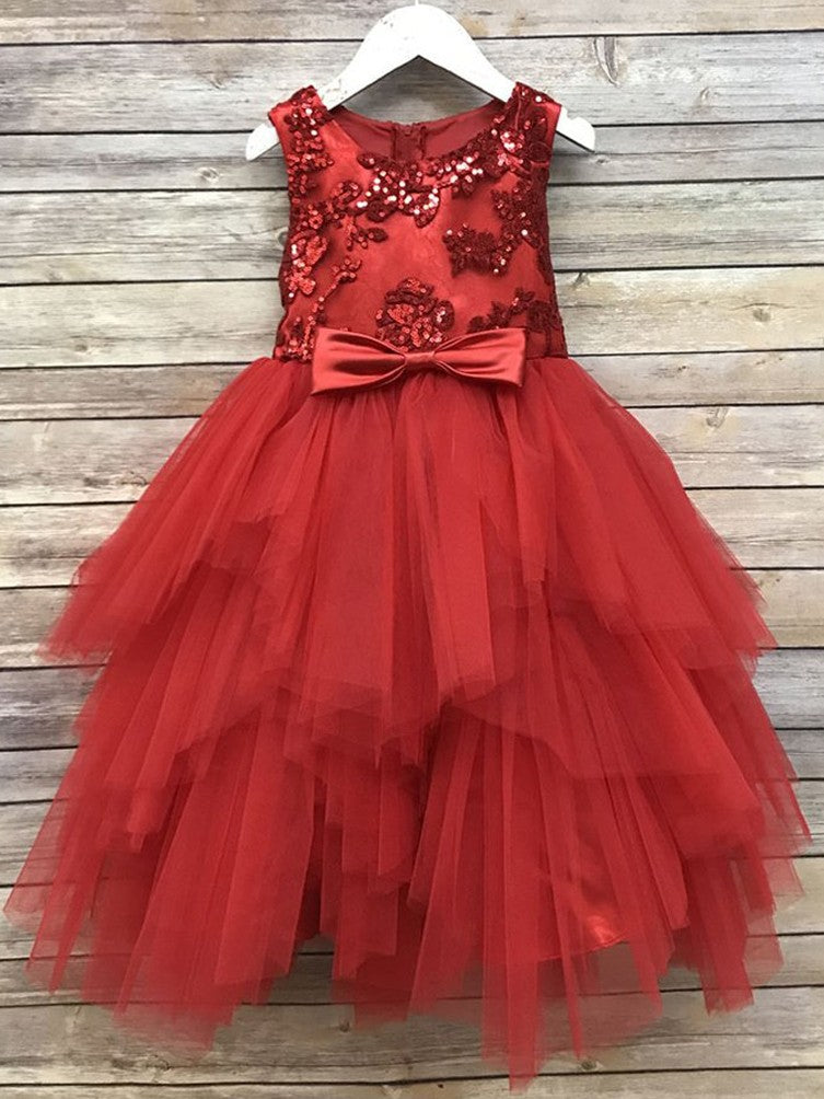 Big Girls Red Sequin Tiered Tutu Junior Bridesmaid Dress Size 8-12 | Sparkly Flower Girl Pageant Party Gown for Weddings & Special Occasions