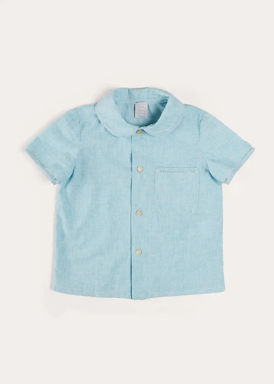 Peter Pan Collar Short Sleeve Blouse for Girls - Blue Cotton Top with Trim Detail (Size 12 Months to 5 Years) | Perfect for School, Parties & Family Photos