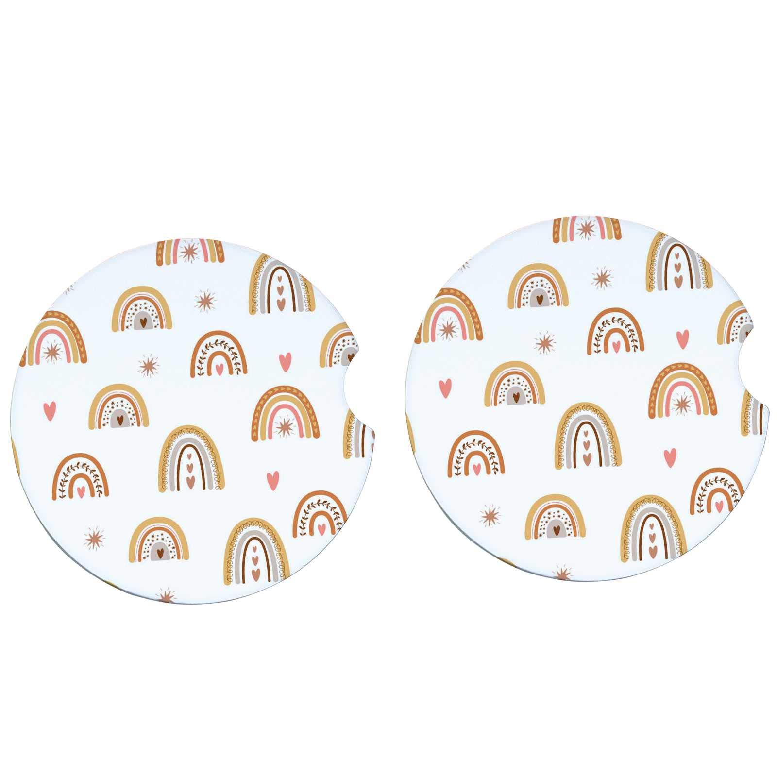 Boho Rainbow Pastel Ceramic Car Coasters for Cup Holders - 2PCS Non-Slip Absorbent Coasters with Wooden Backing, Universal Fit for Cars, SUVs & Trucks - Perfect for Kids, Travel & Everyday Use