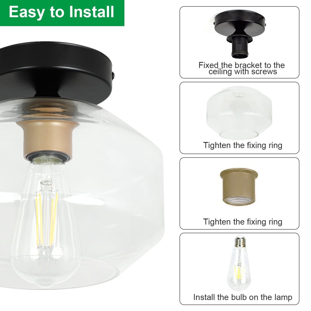 Depuley Industrial Chandelier Ceiling Light - Clear Glass Shade Semi Flush Mount Fixture for Farmhouse Bedroom, Dining Room, Kitchen, Living Room & Hallway Lighting | Perfect for Rustic Home Decor and Cozy Ambiance