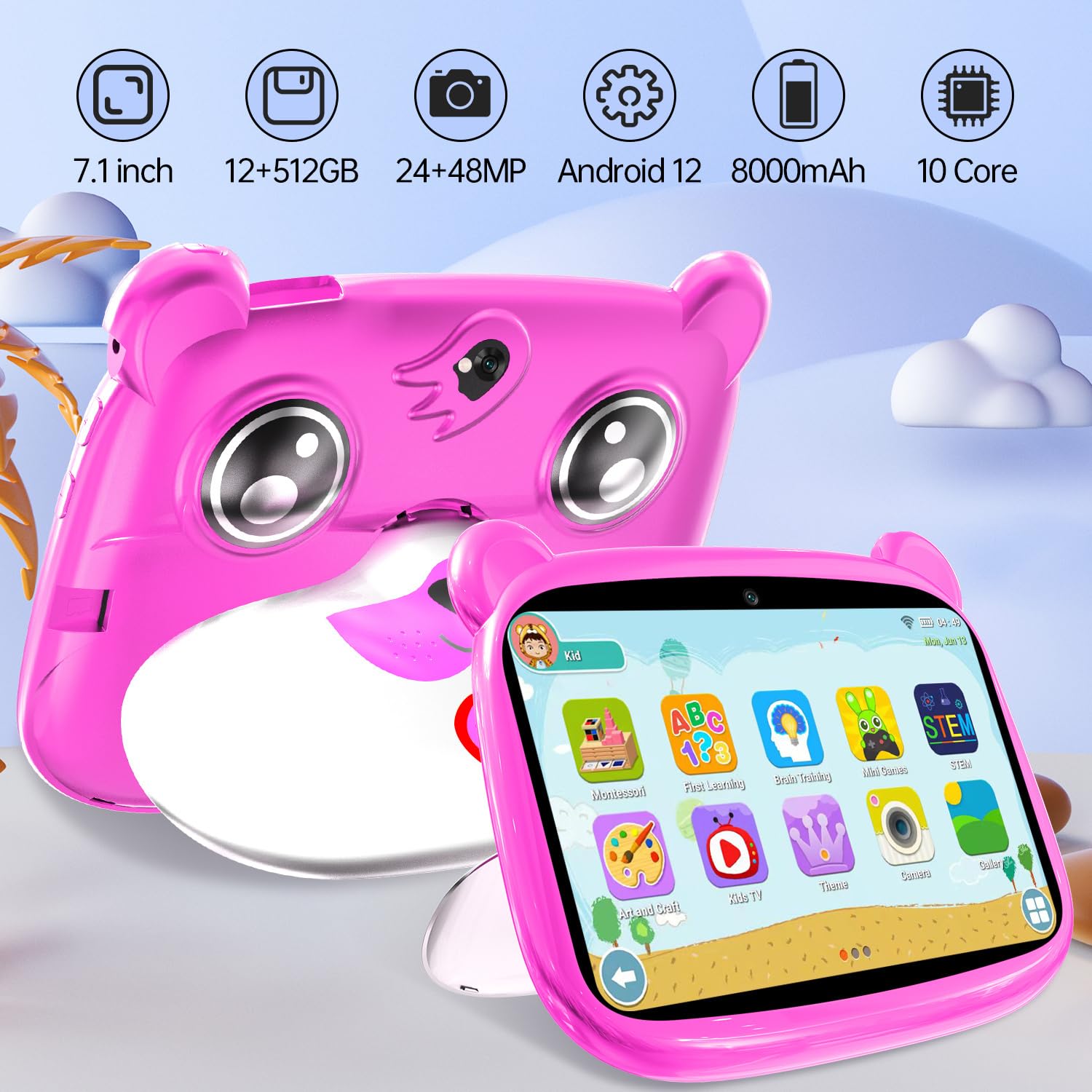 Octa Core 7 Inch Kids Tablet - 2GB RAM 16GB ROM, 5G WiFi, HD 1280x800 IPS Screen | Purple Android Tablet for Children | Perfect for Learning, Games & Entertainment
