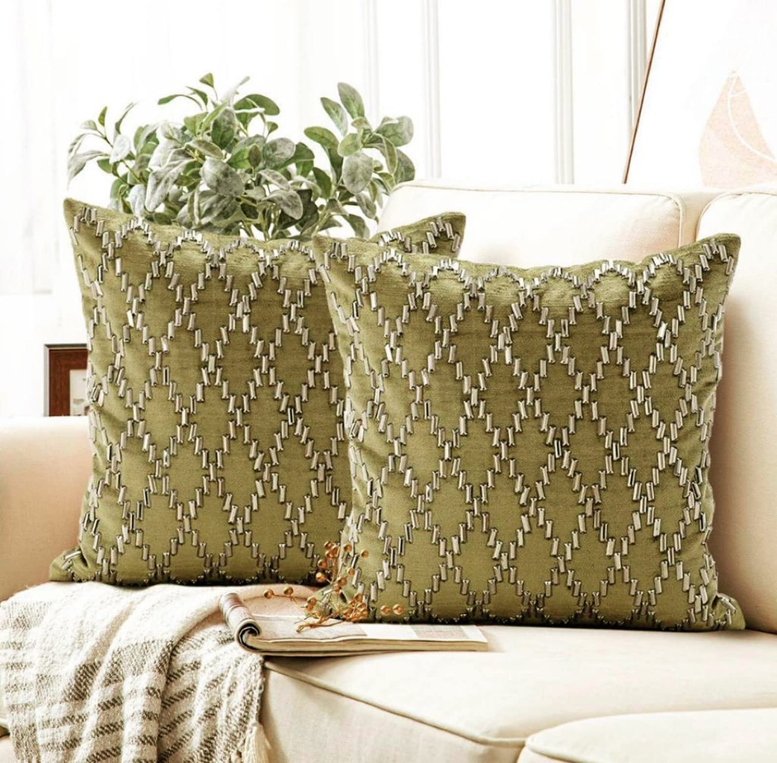 Velvet Throw Pillow Cover 16x16 Inch (40x40 cm) - Sage Green Decorative Cushion Cover with Geometric Rhinestone Design for Sofa, Couch, Bed - Modern Home Decor for Living Room, Bedroom & Easter Gifts