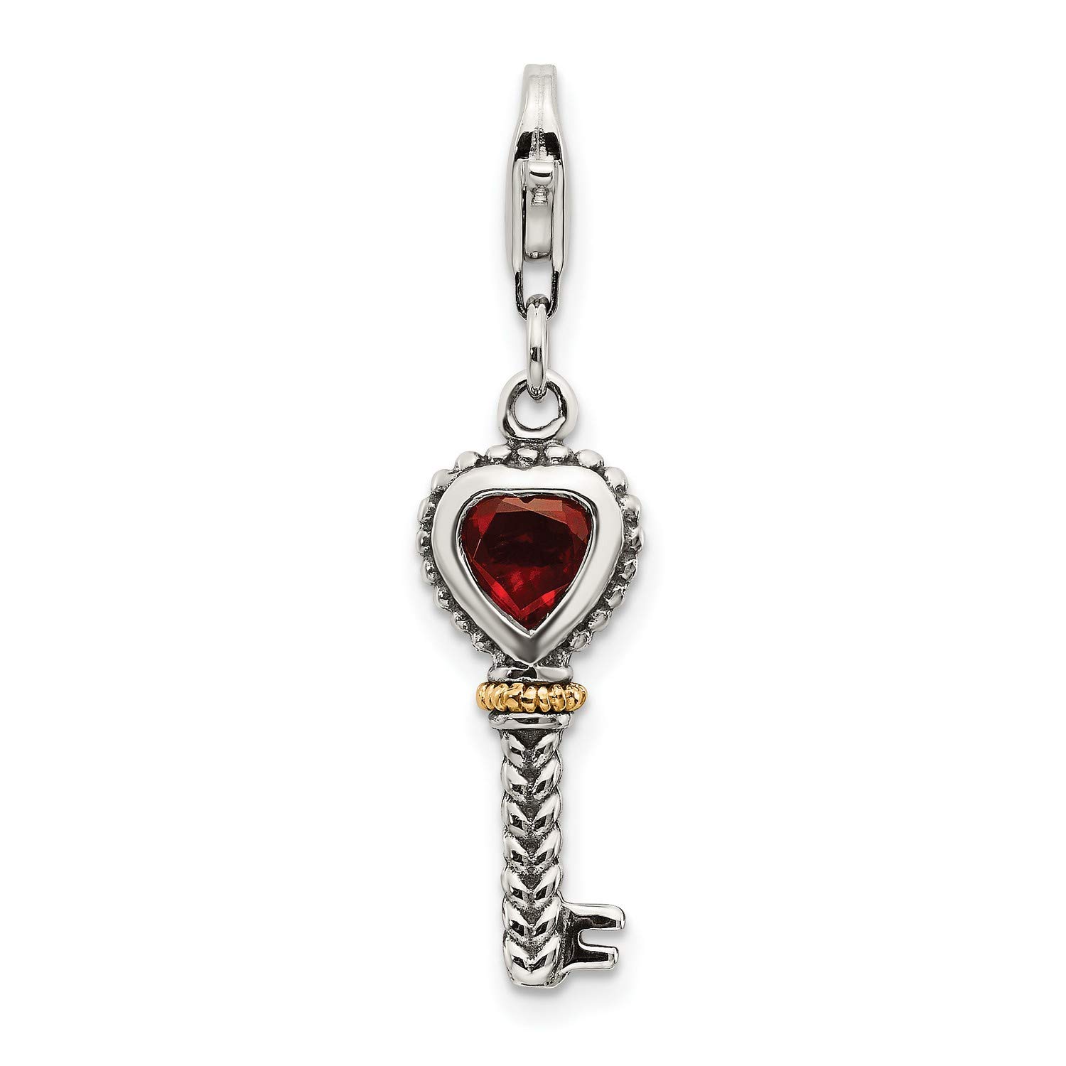 Vintage Garnet Key Charm Clip - 925 Sterling Silver Jewelry (31mm x 8mm) - Perfect for Keychains, Necklace Pendants & Gift Giving