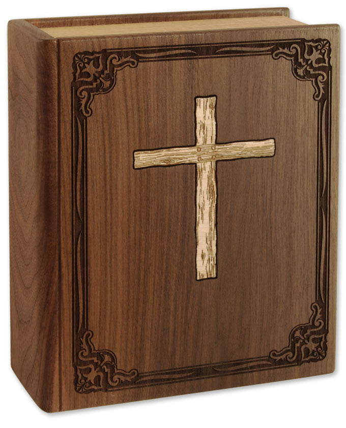 Handcrafted Wood Inlay Cremation Urn with Cross - Memorial Keepsake for Ashes - Perfect for Christian Funeral, Memorial Service & Home Display