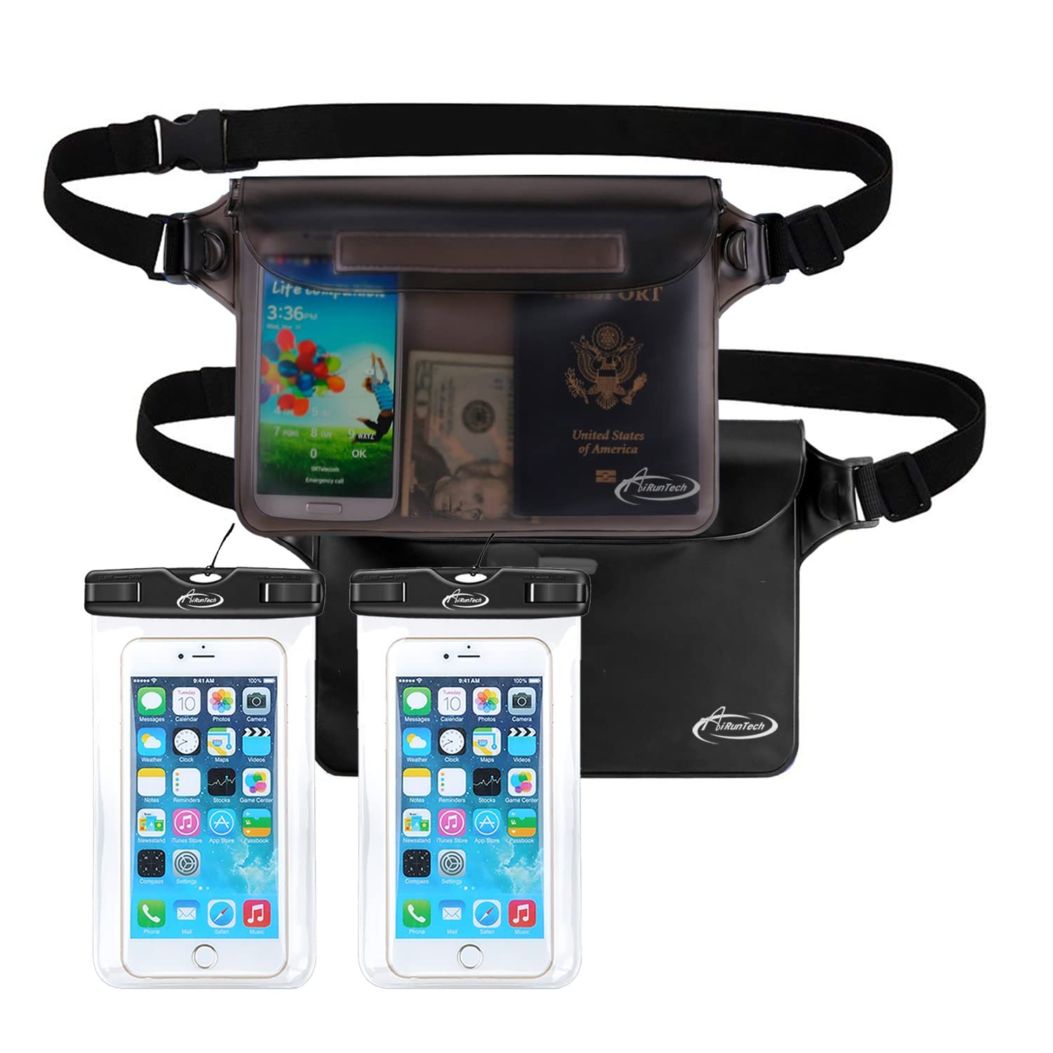 AiRunTech Waterproof Fanny Pack & Phone Pouch Set (2 Waist Bags + 2 Phone Cases) - IPX8 Waterproof Dry Bag for iPhone 15/14/13/12/11 Pro Max - Perfect for Snorkeling, Beach, Cruise, Kayaking, Pool & Swimming Activities