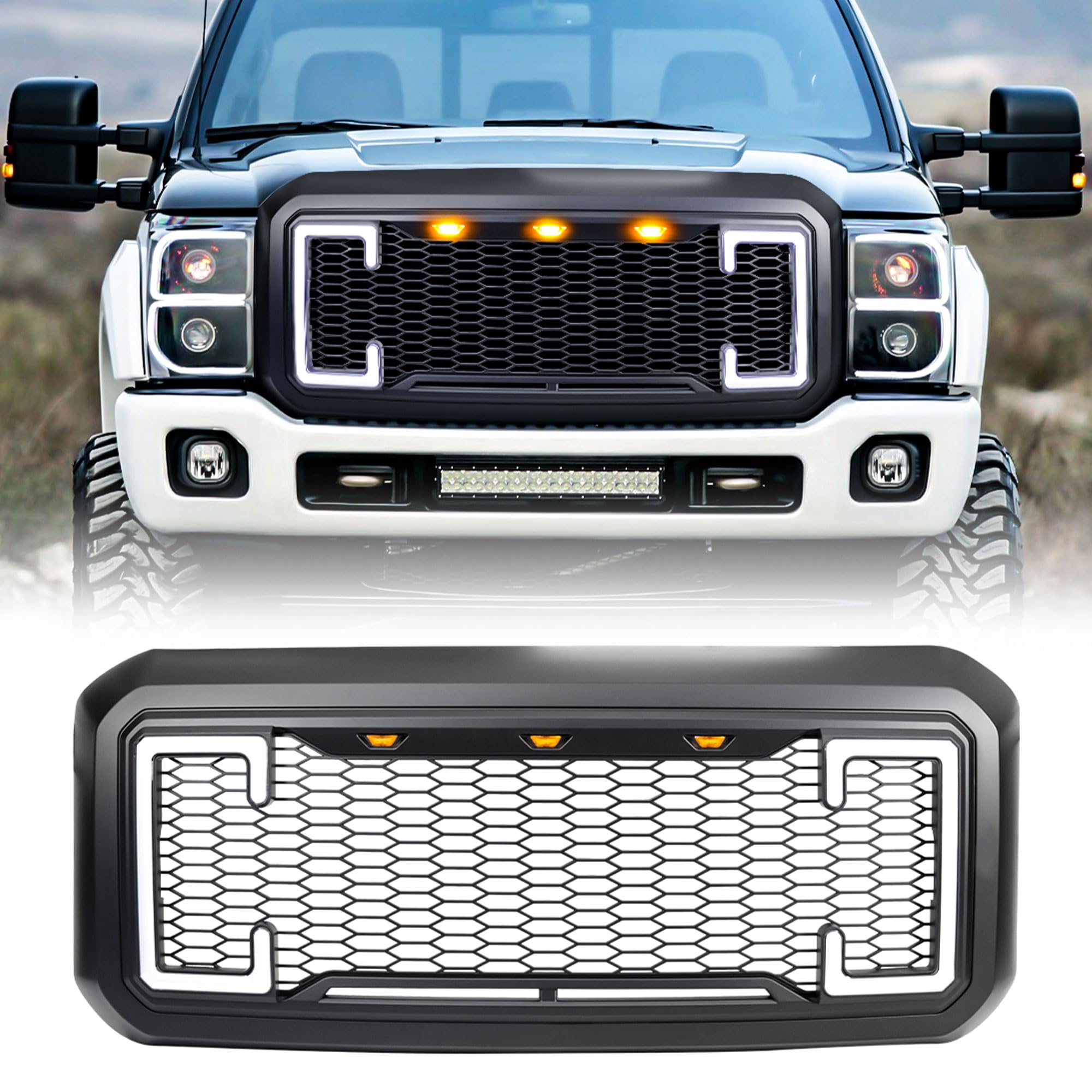 **2011-2016 Ford F250 F350 F450 F550 Matte Black Raptor Front Grille with DRL & Turn Signal Lights | Off-Road & Custom Truck Upgrade**