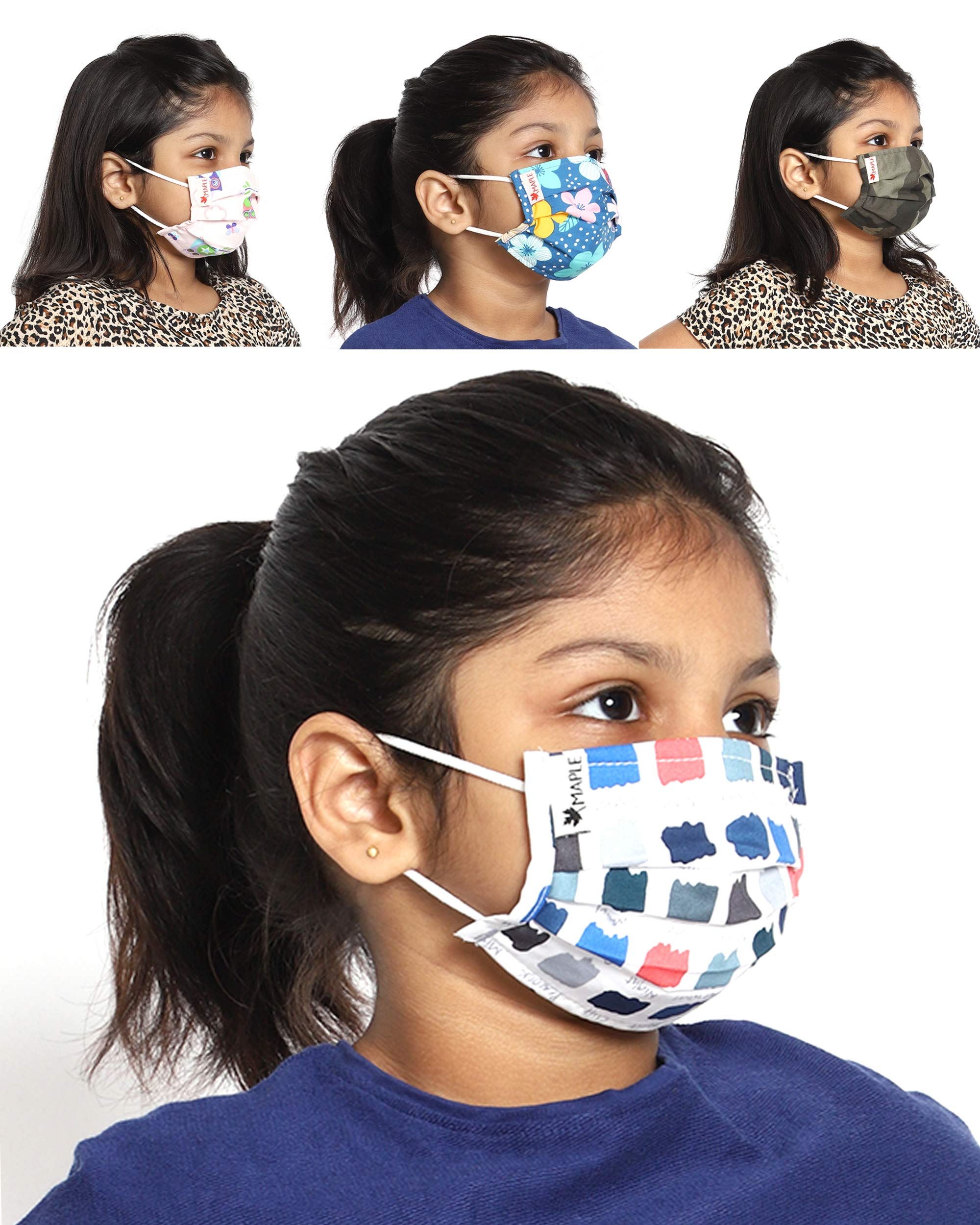MAPLE DuoSafe Kids Face Mask - Extra Small (3-6 Years) - 4 Pack Mixed Colors & Designs - Soft Breathable Cotton for School, Travel & Daily Protection