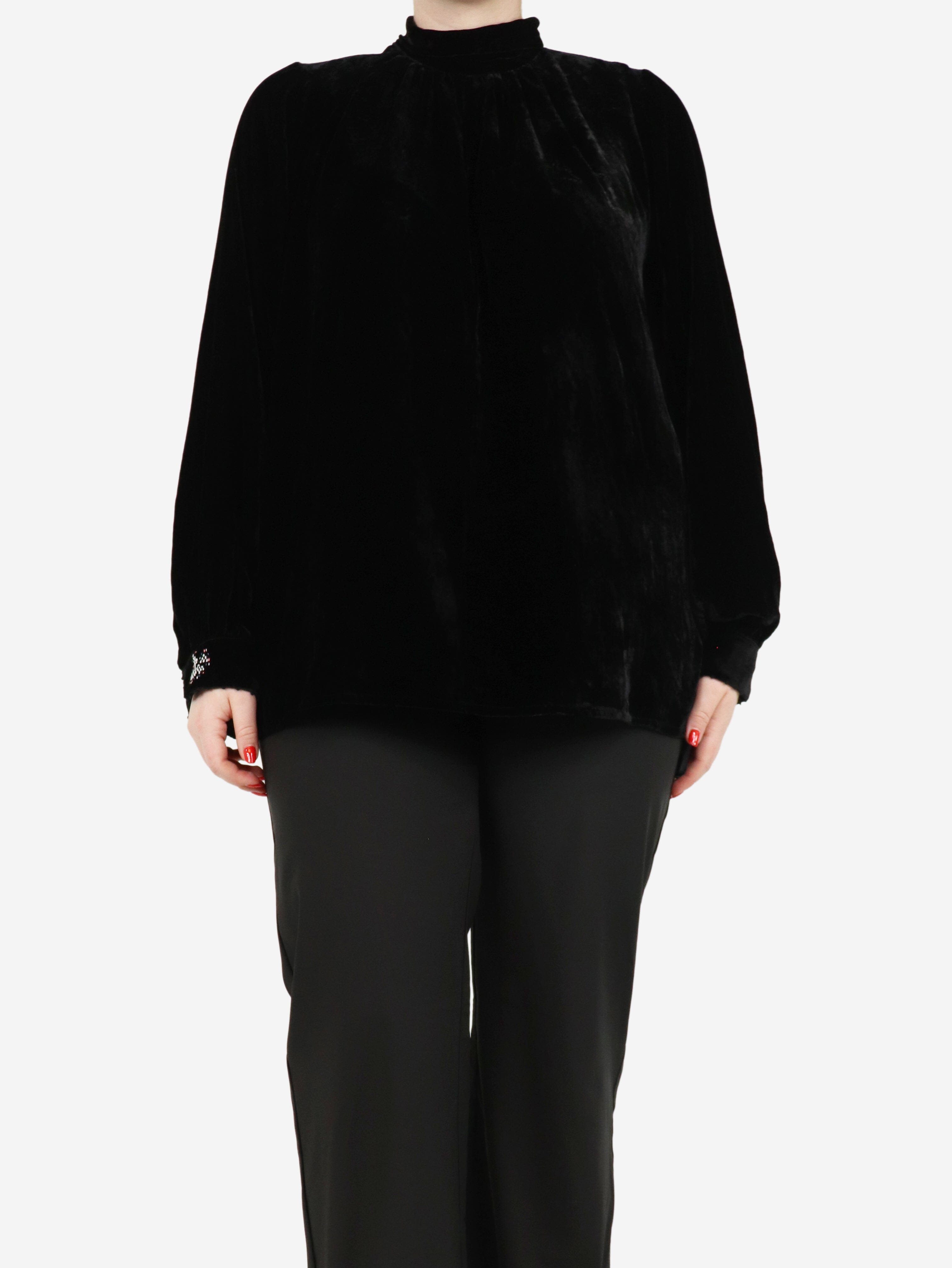 Black Velvet Neck Tie Blouse for Women - Size L - Elegant Office Wear & Evening Party Outfit