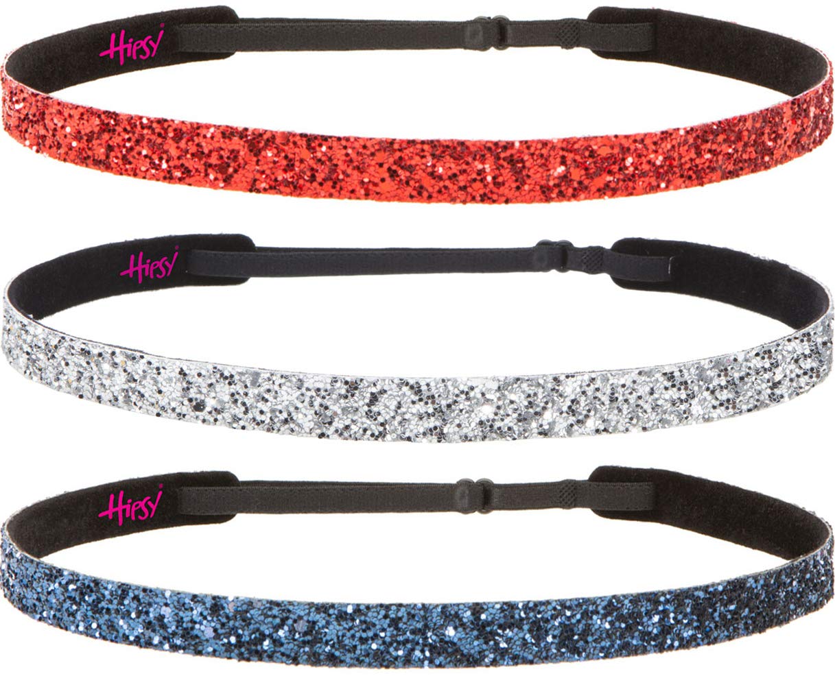 Sparkly Glitter Skinny Headbands 3-Pack for Women, Girls & Teens – Adjustable No-Slip Plus Size Hair Accessories (Navy/Silver/Red) – Perfect for Sports, Workouts, School & Everyday Fashion