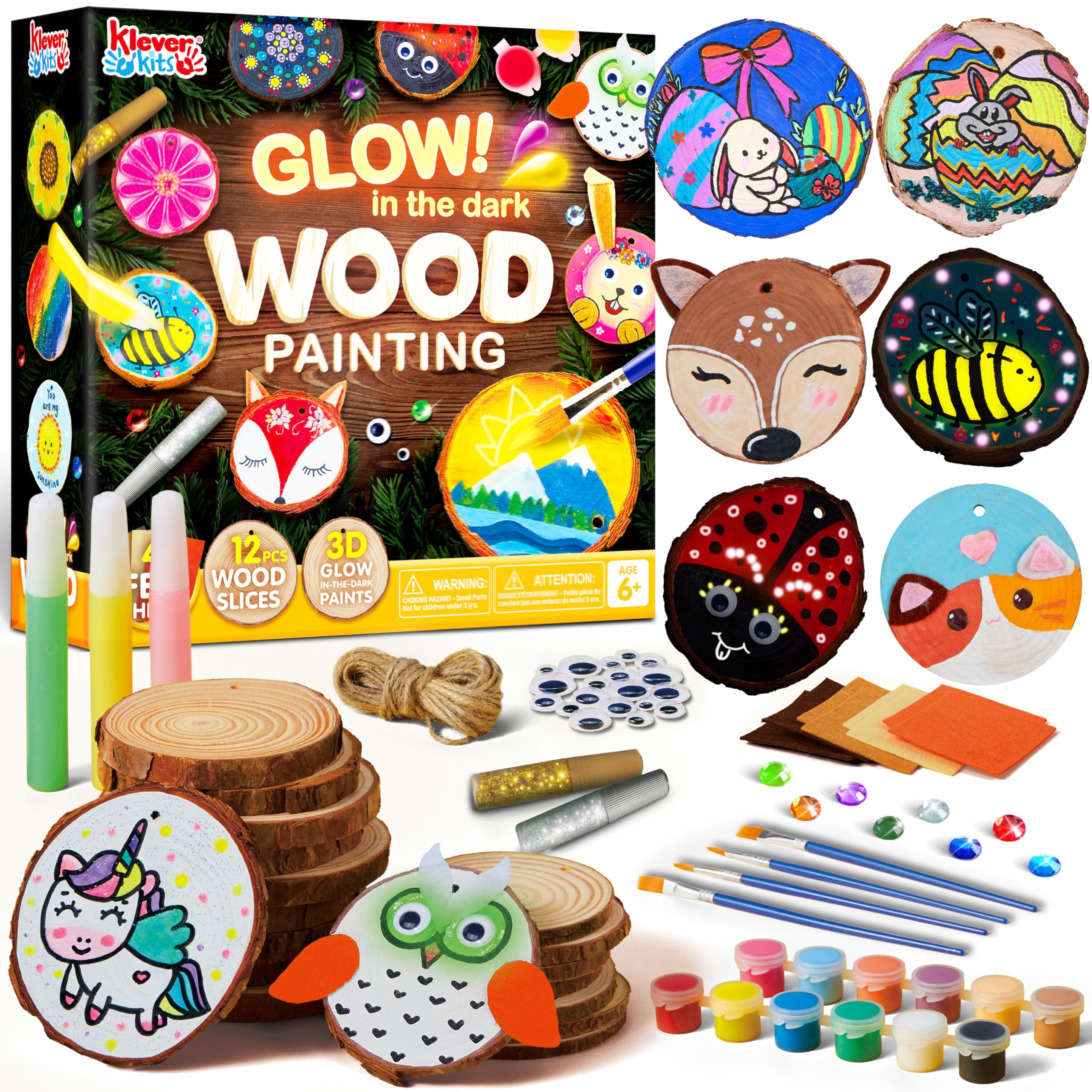Klever Kits Wooden Painting Craft Kit - Glow in The Dark Art Supplies for Kids Ages 6-12 - DIY Wood Slices with Painting Activities - Creative Wood Crafts for Boys & Girls - Perfect for Birthday Parties, Easter Gifts & Family Art Projects