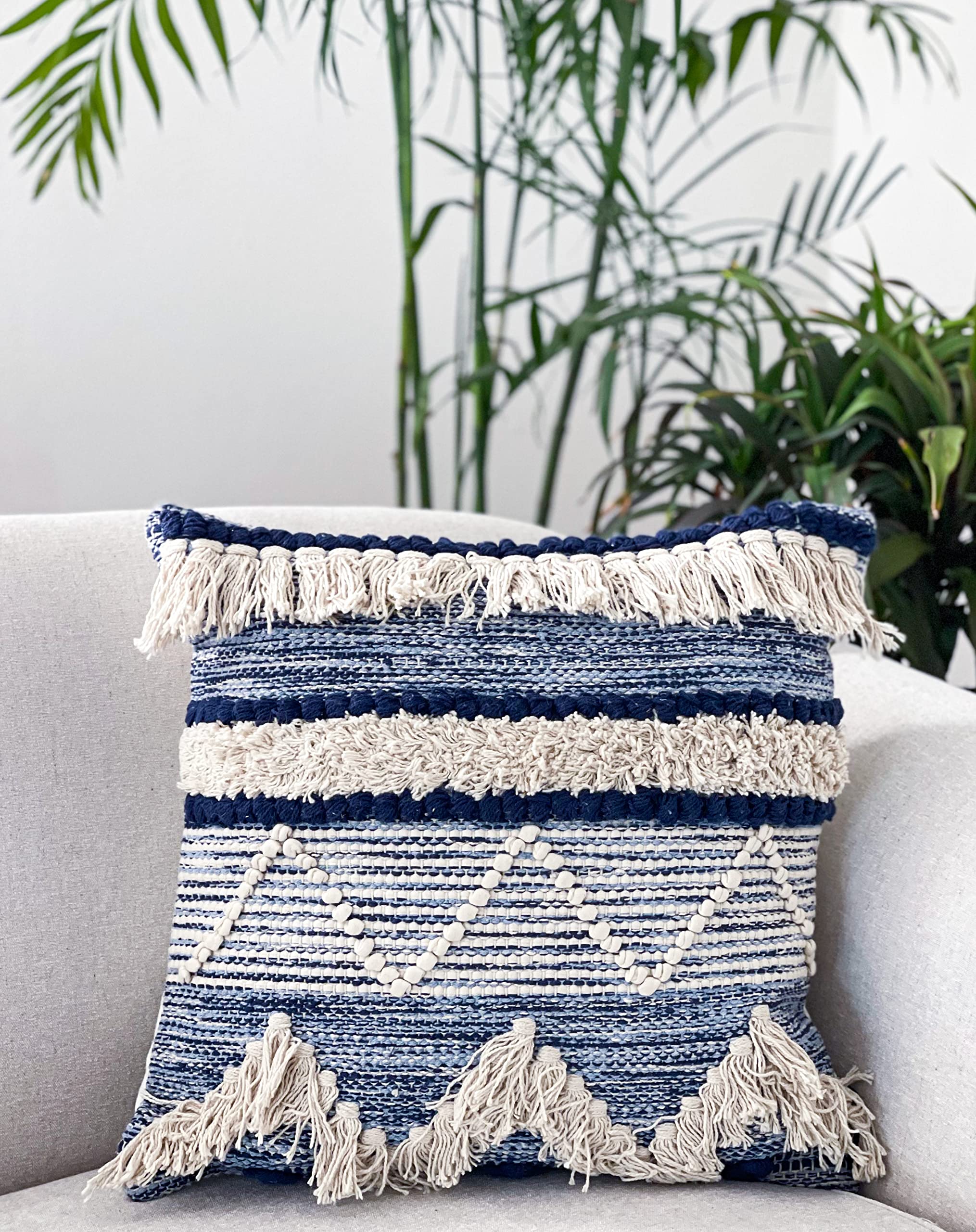 Chardin Home Montego - Handwoven Cotton Decorative Throw Pillow Covers Set of 2 (18x18 Inch) - Soft Square Blue & Off-White Couch & Sofa Pillow Cases for Living Room, Bedroom & Home Decor