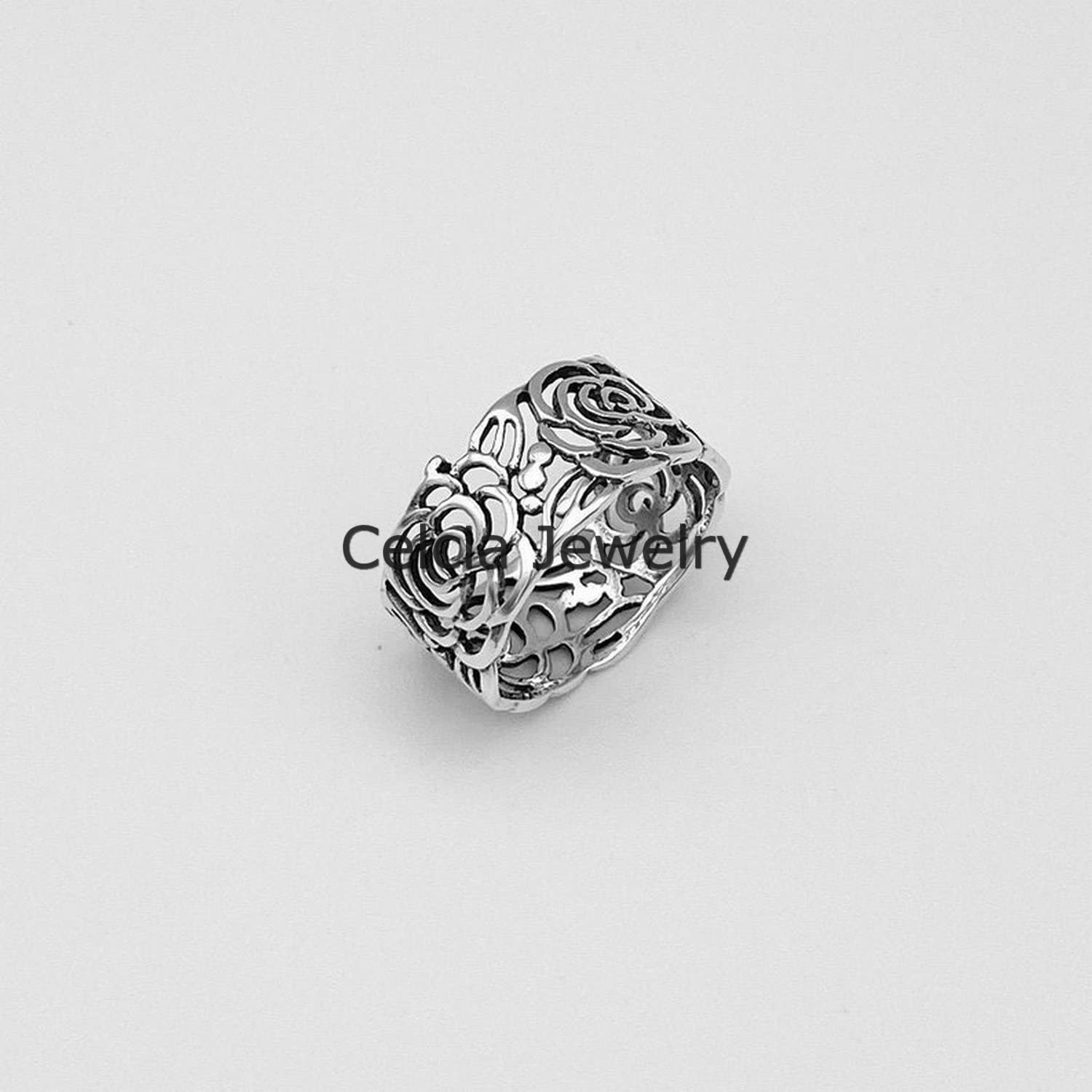 925 Sterling Silver Floral Eternity Ring for Women - Bohemian Style Rose Flower Band Ring, Minimalist Statement Jewelry for Mother's Day Gift (Size 8) | Perfect for Weddings, Anniversaries & Everyday Elegant Wear