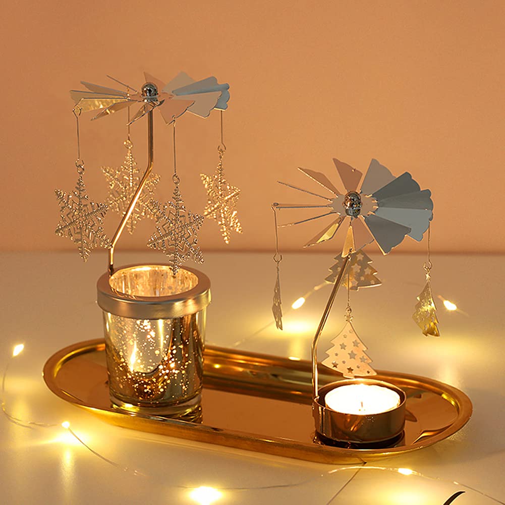 Rotating Gold Starlight Glass Candle Holder - Christmas Thanksgiving Wedding Anniversary Table Decor - Elegant Snowflake Design for Restaurants, Parties & Home Decor
