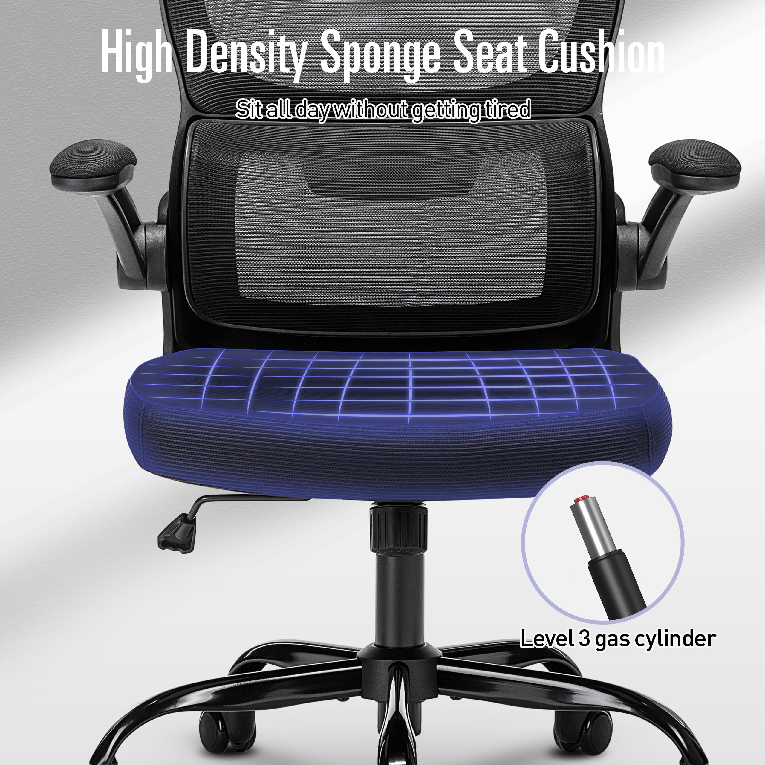 Ergonomic Office Chair with Lumbar Support - High Back Mesh Computer Desk Chair for Home & Office, Adjustable Headrest & Flip-Up Armrests, Black (OC040) - Perfect for Long Work Hours, Gaming & Remote Work