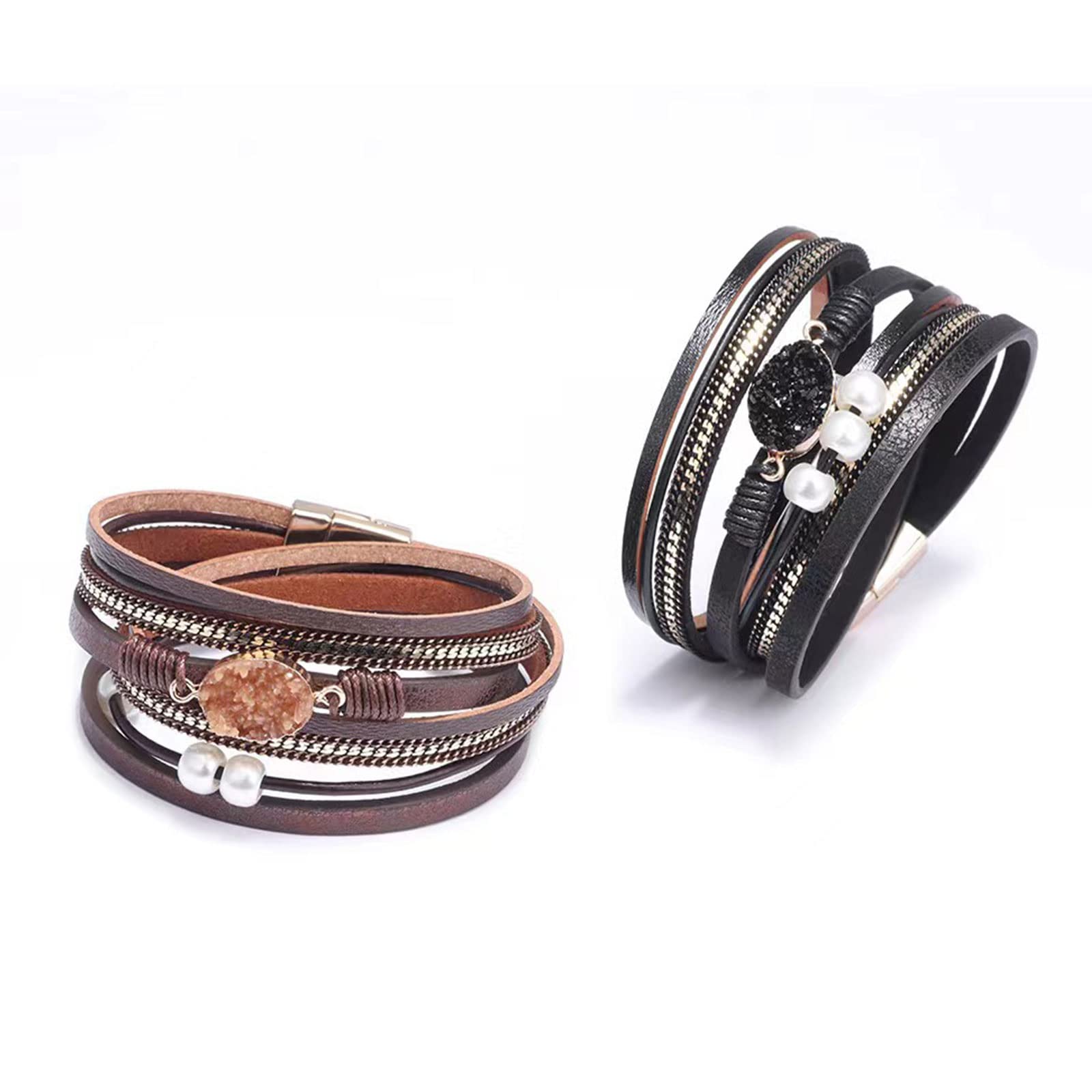 Handmade Boho Double Leather Wrap Bracelet for Women - Braided Multilayer Magnetic Buckle Cuff Bangle Wristband, Perfect Birthday Gift for Her | Great for Casual Wear, Boho Fashion & Everyday Accessories