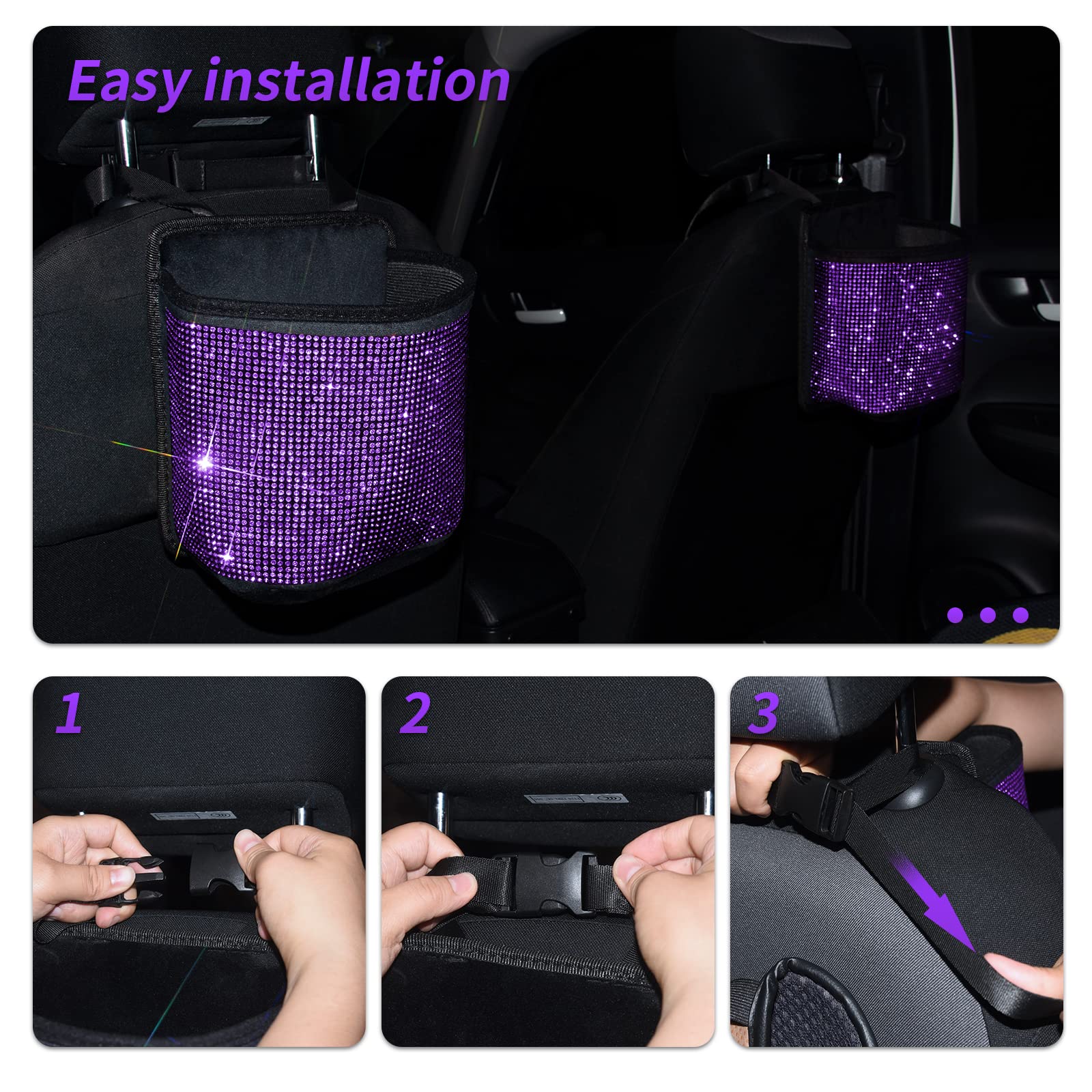 Bling Crystal Car Seat Organizer - Premium Front & Back Seat Travel Caddy Bag with Garbage Pocket | Diamond Car Accessories (1-Pack, Purple) | Perfect for Road Trips, Commuting & Family Travel