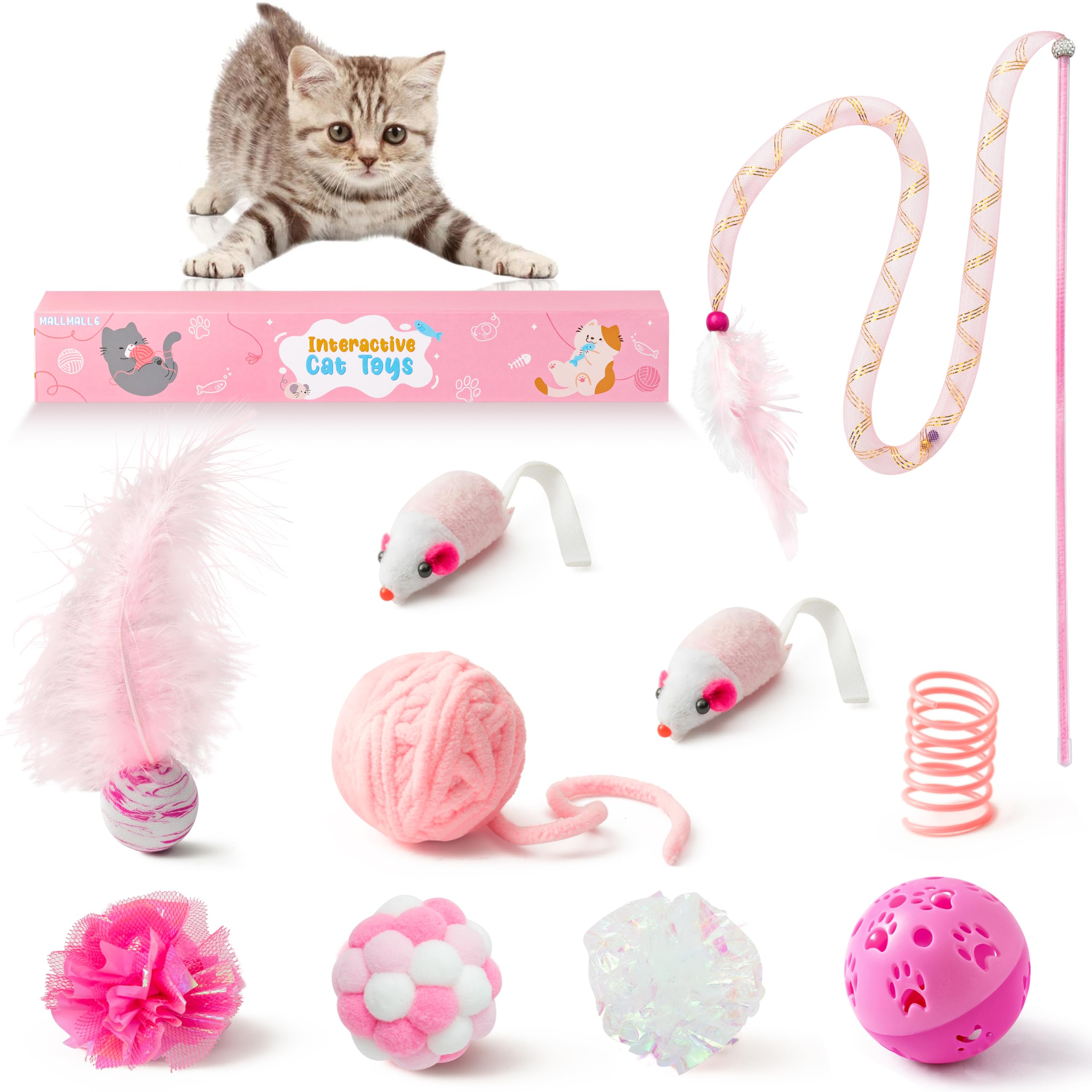 10Pcs Interactive Cat Toy Set - Feather Teaser Wand, Springs, Mice, Crinkle Balls & Bell Balls - Fun Puzzle Toys for Indoor Cats - Perfect Gift for Kitty Playtime (Pink) | Great for Boredom Relief & Exercise
